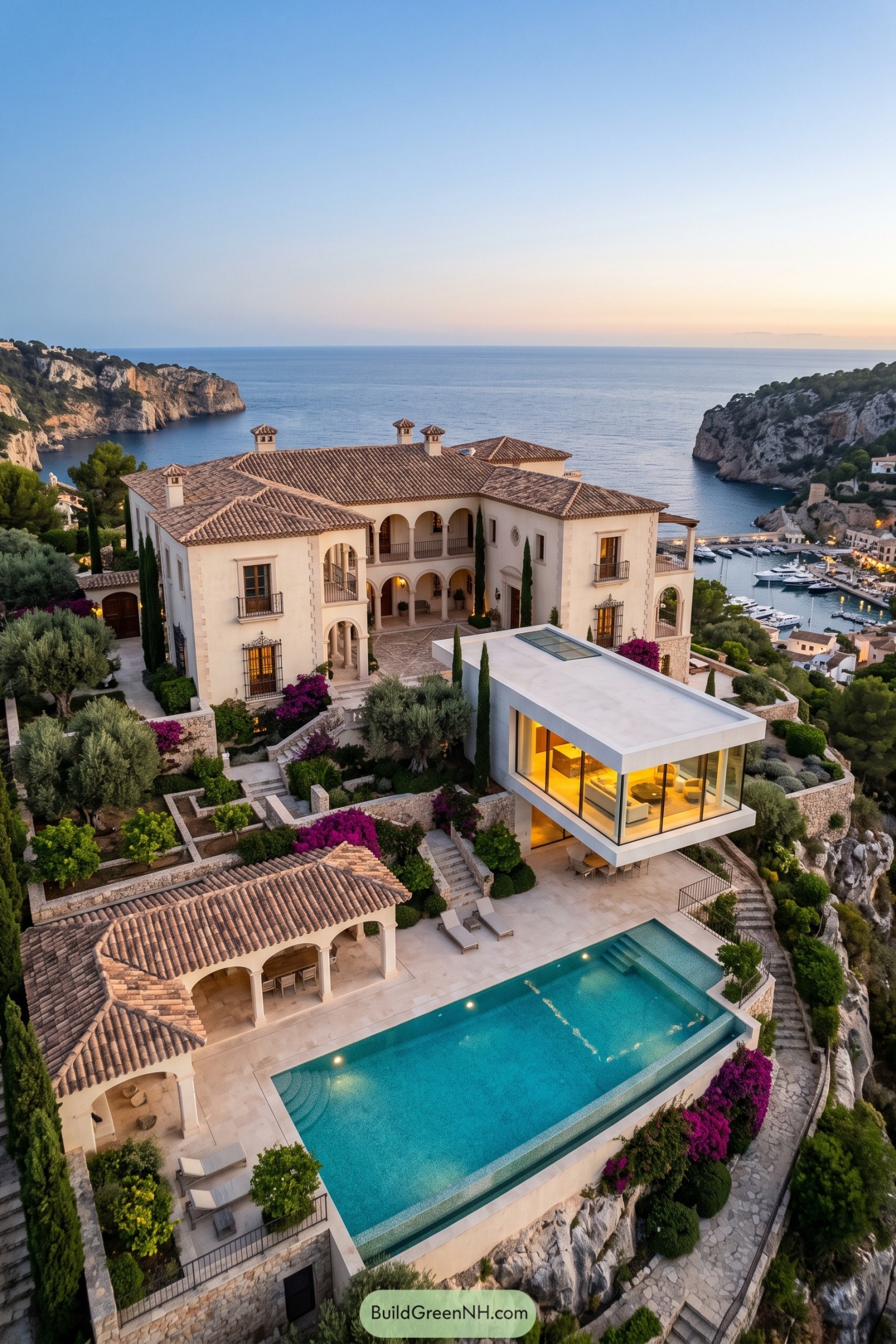 Mediterranean villa with a cantilevered glass lounge above an infinity pool