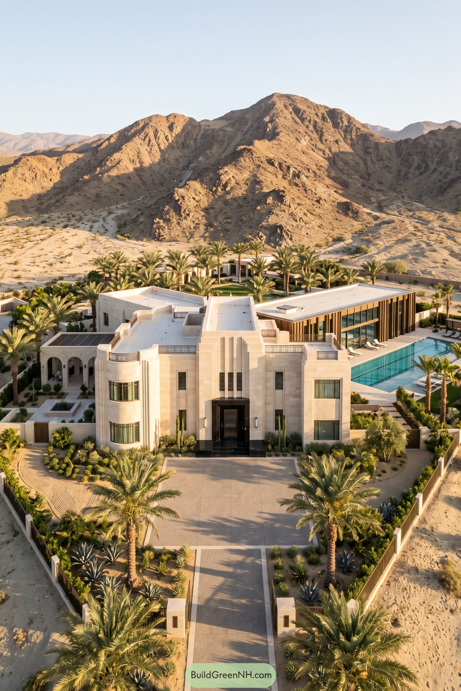 Cream stone villa with palms pool and desert mountains