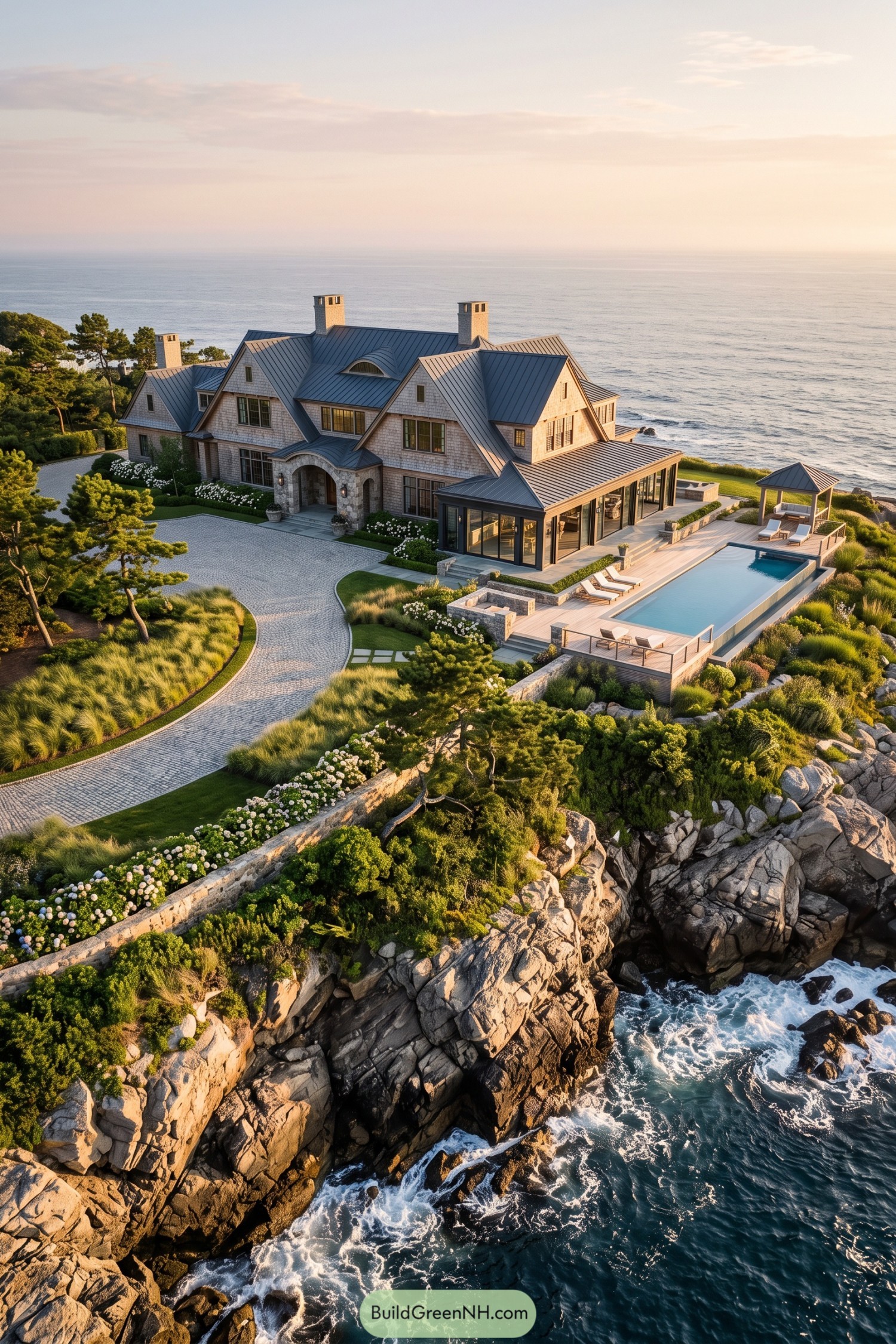 Shingle-style coastal home with pool above rocky cliffs