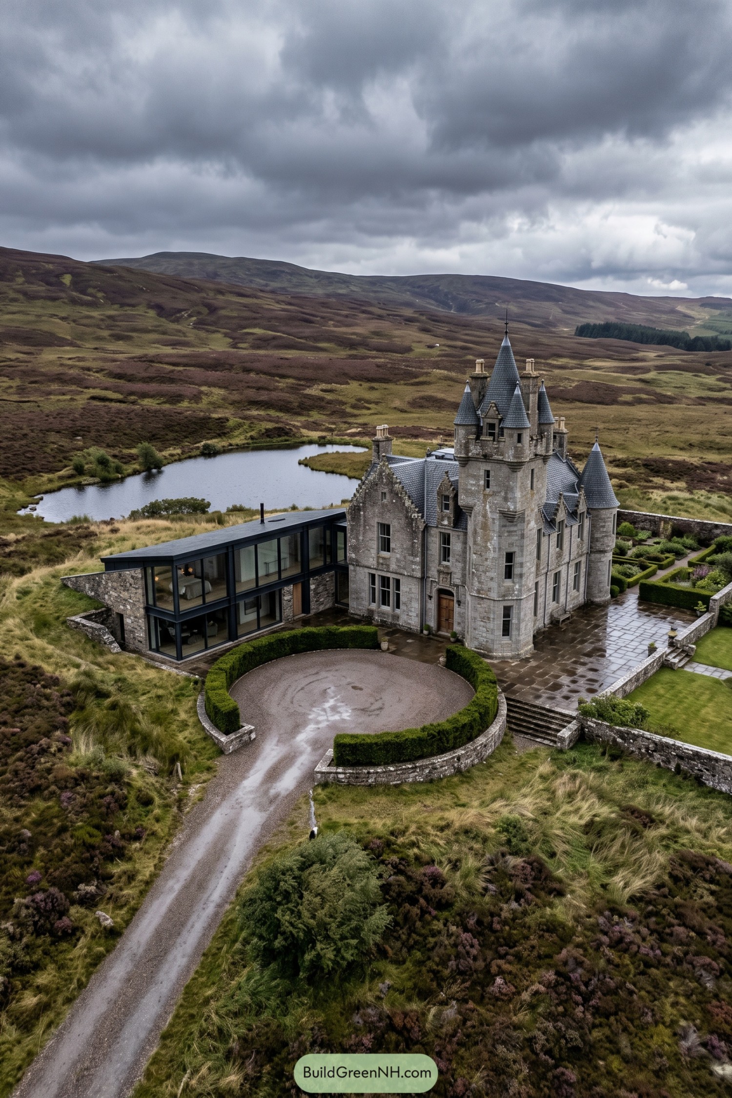 Stone turreted house with a contemporary glass wing beside a moorland loch