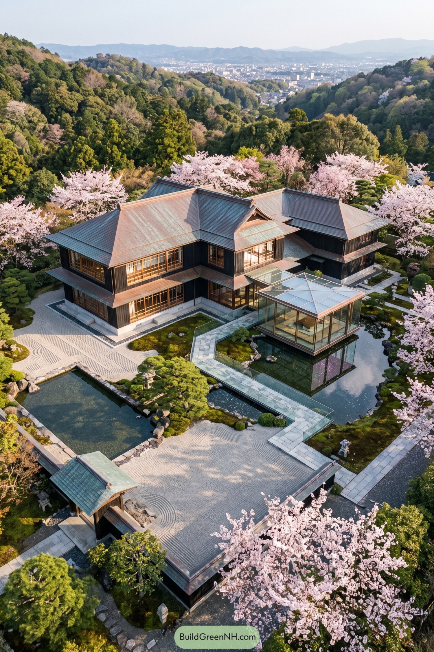 Traditional Japanese residence beside a glass pavilion over a pond