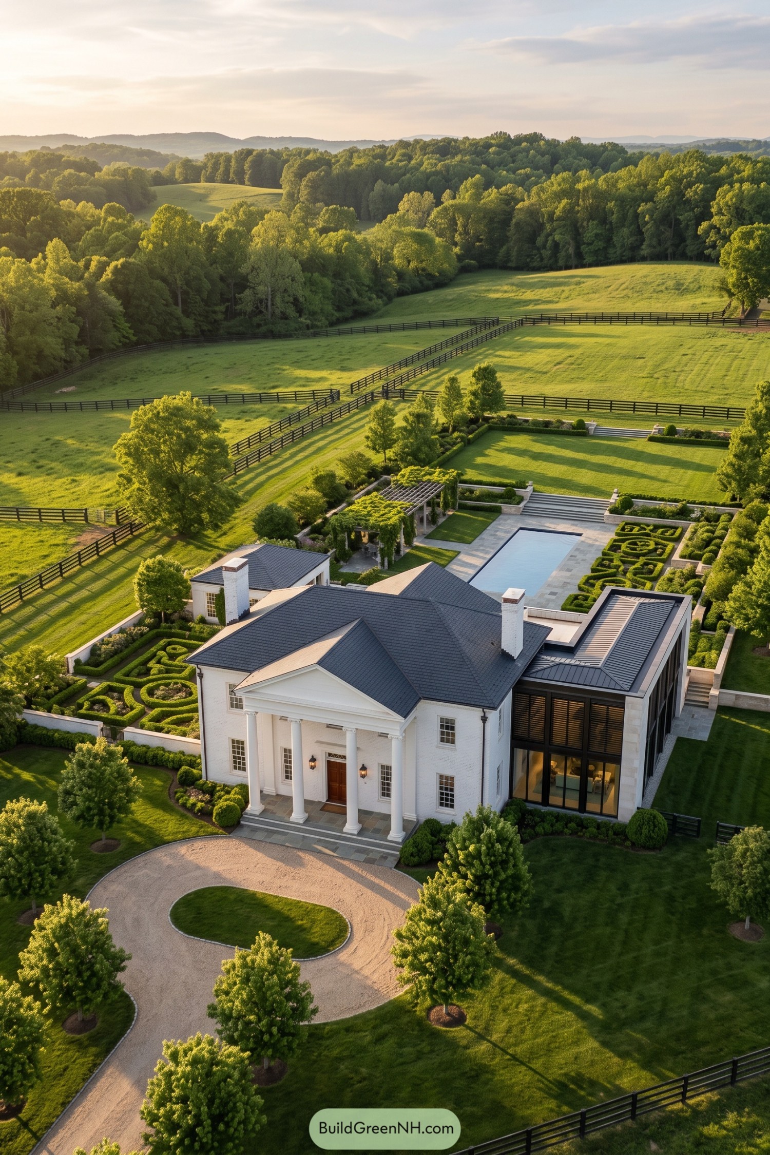 White brick manor with a glass wing overlooking formal gardens and fenced pastures