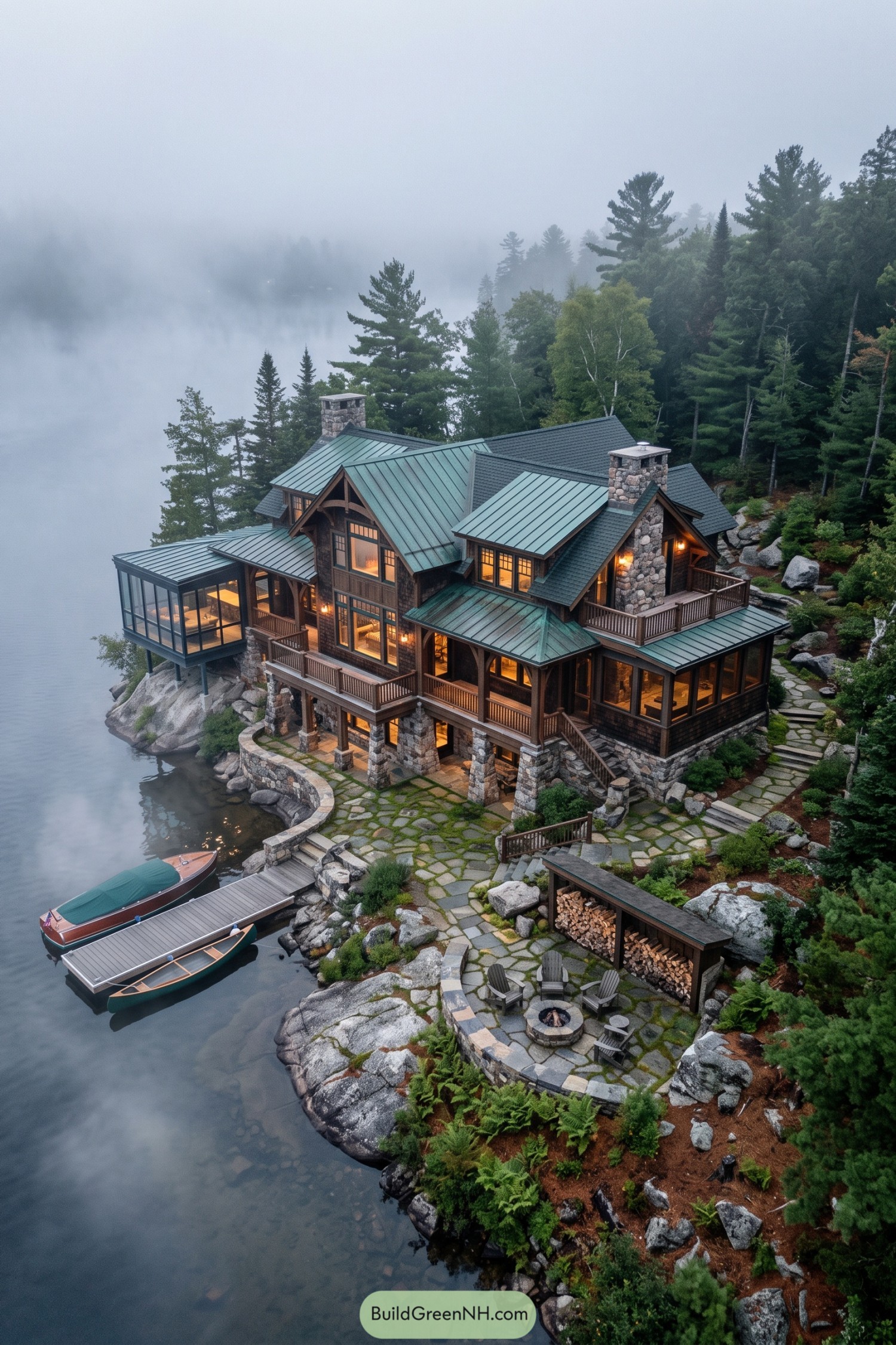 Lakeside timber lodge with stone chimneys and glass sunroom