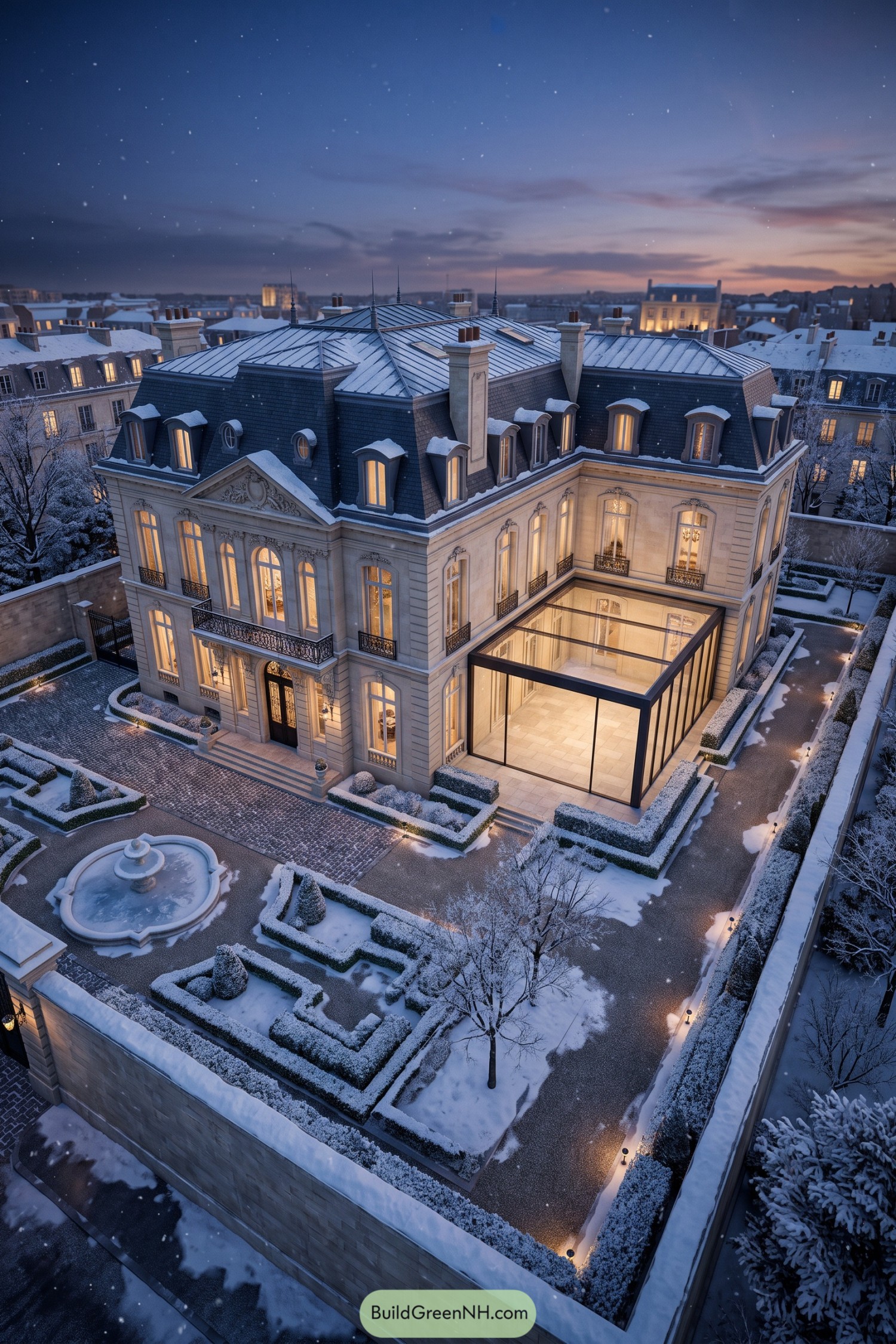 Grand stone townhouse with a glass courtyard extension in snow