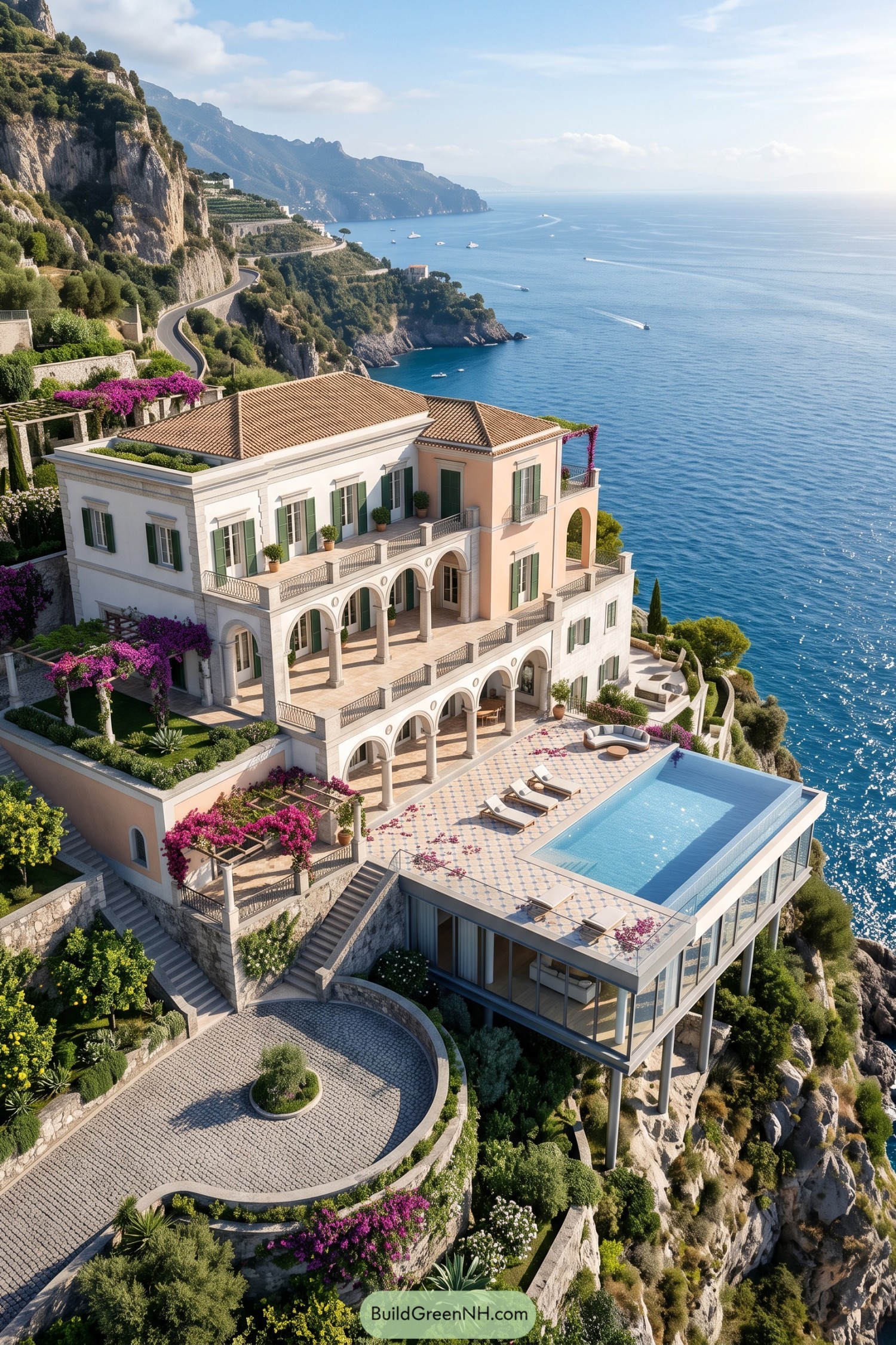 Cliffside Italian villa with arched terraces glass pavilion and infinity pool