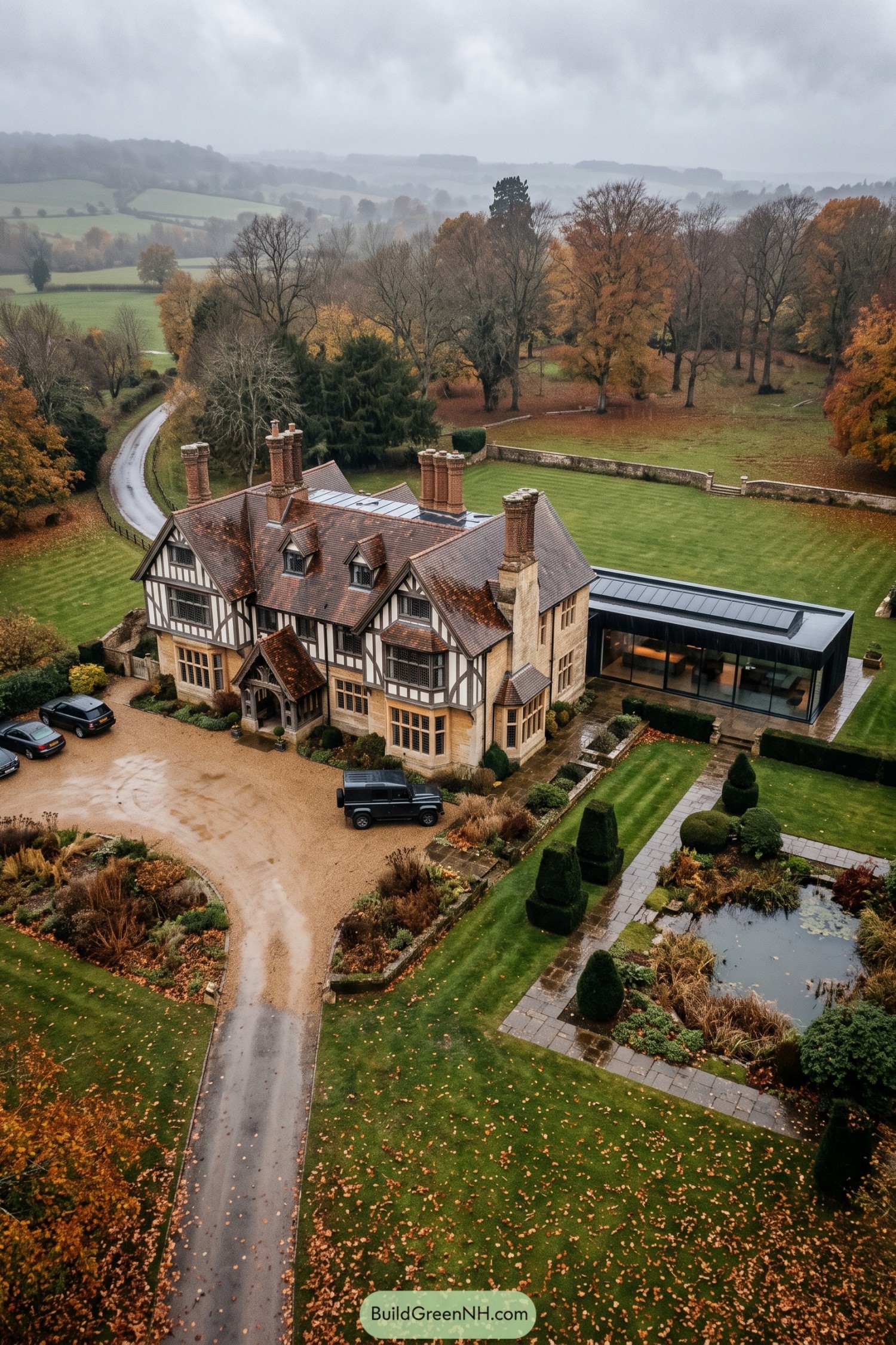 Tudor manor with a black glass garden extension