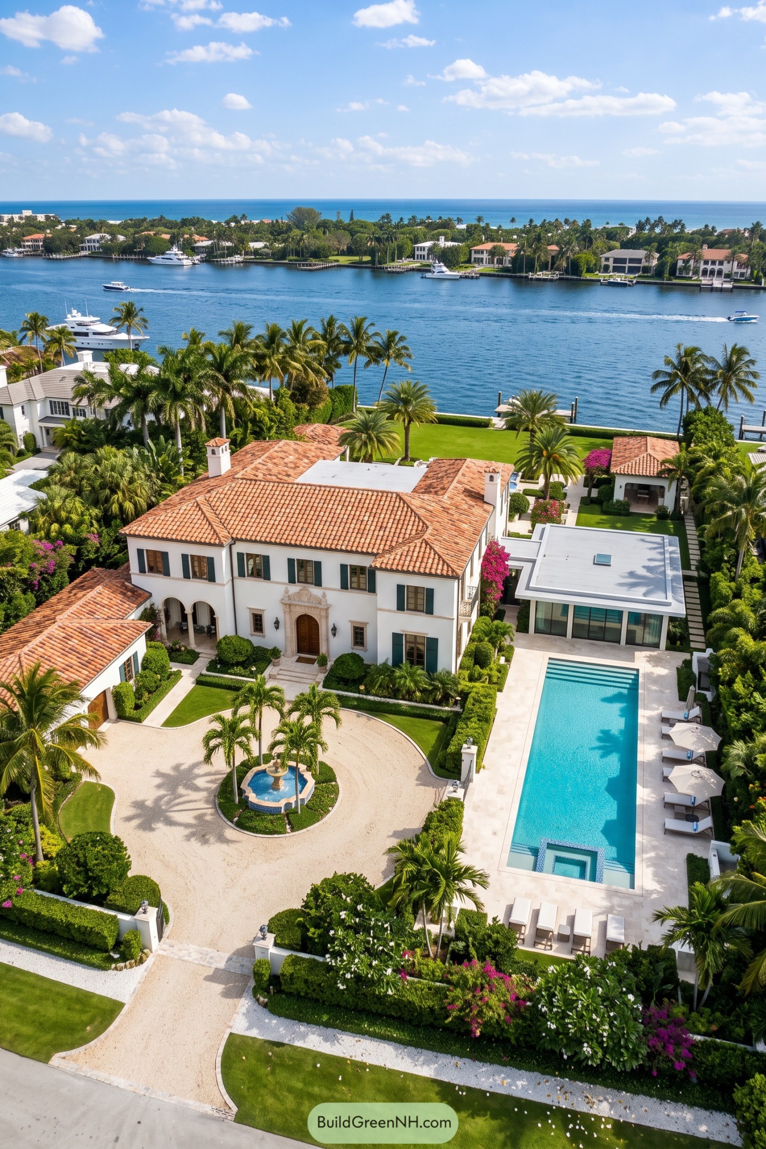 Aerial view of a Mediterranean waterfront villa with modern pool wing