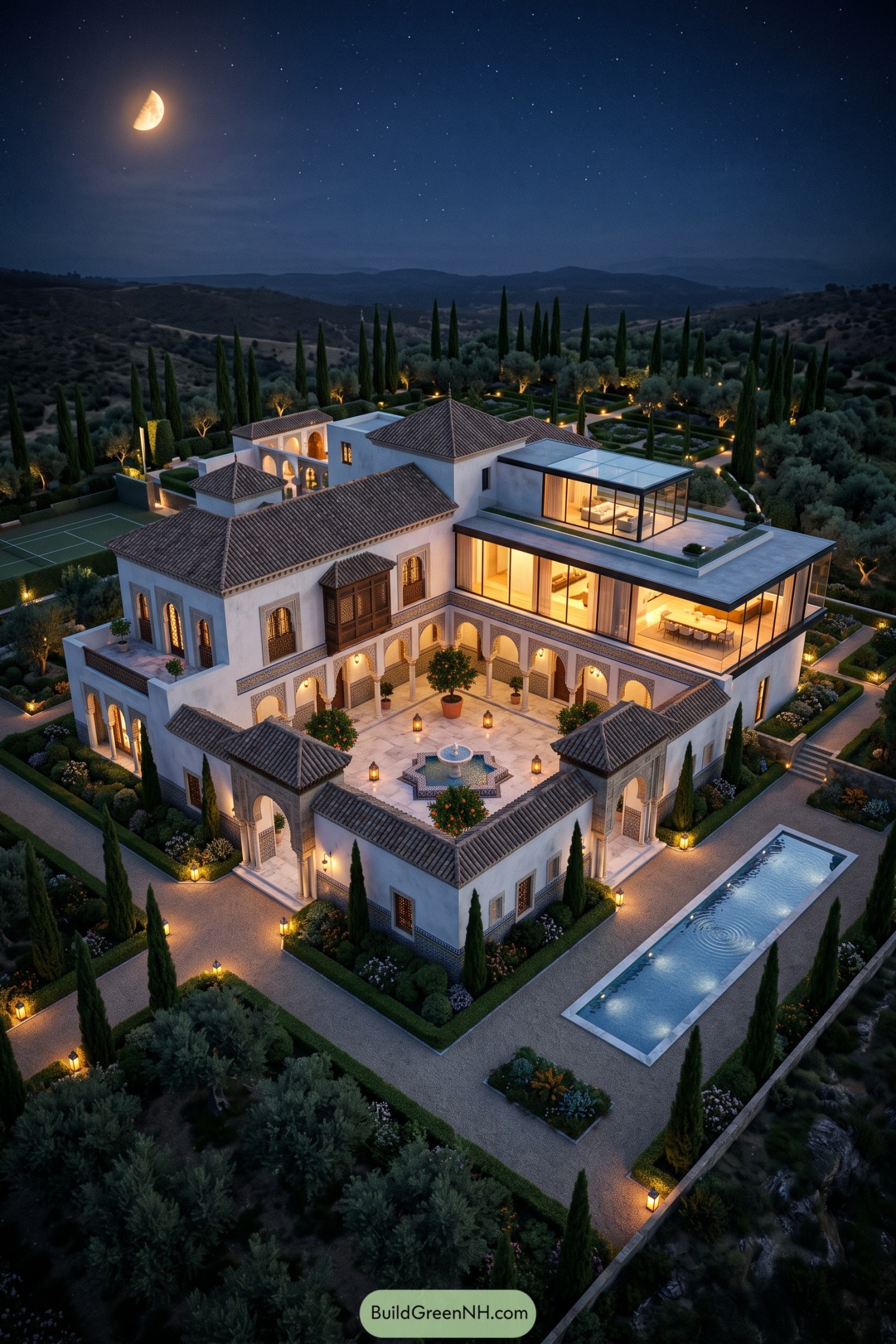 Moorish villa with glass pavilion courtyard and pool at night