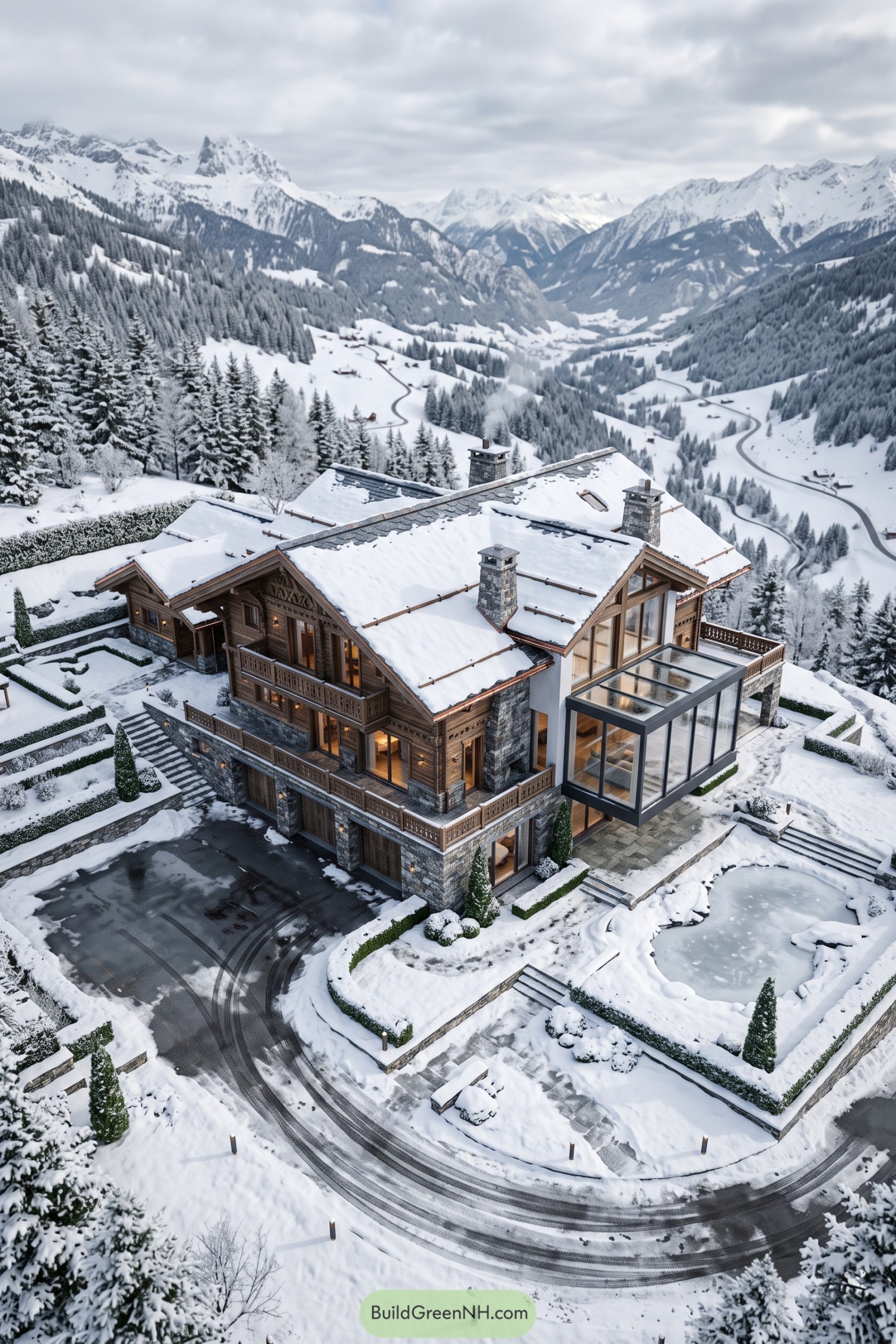 Snowy timber and stone chalet with a glass conservatory