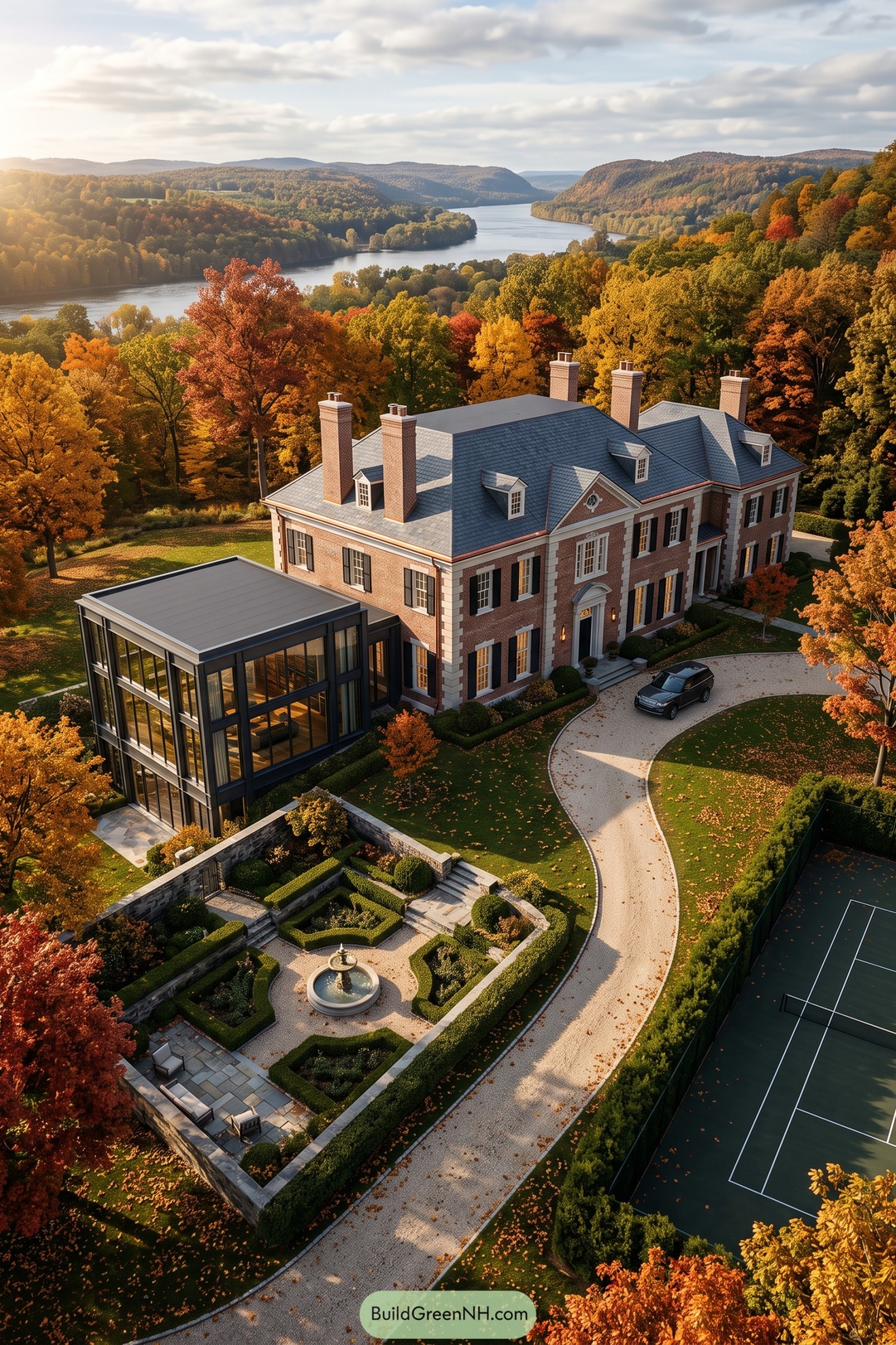 Brick manor with modern glass addition overlooking a river valley