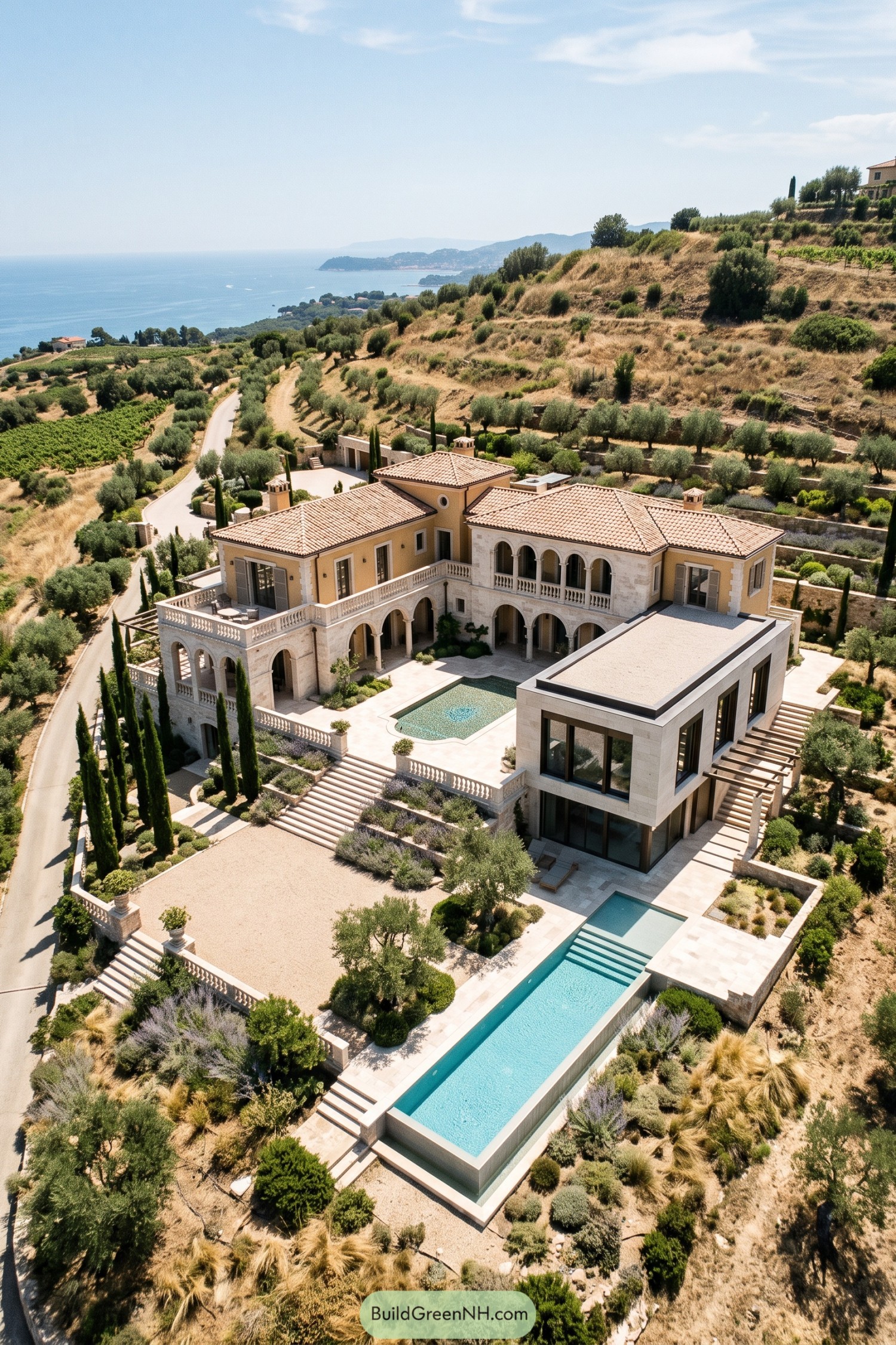 Mediterranean villa with a modern poolside wing