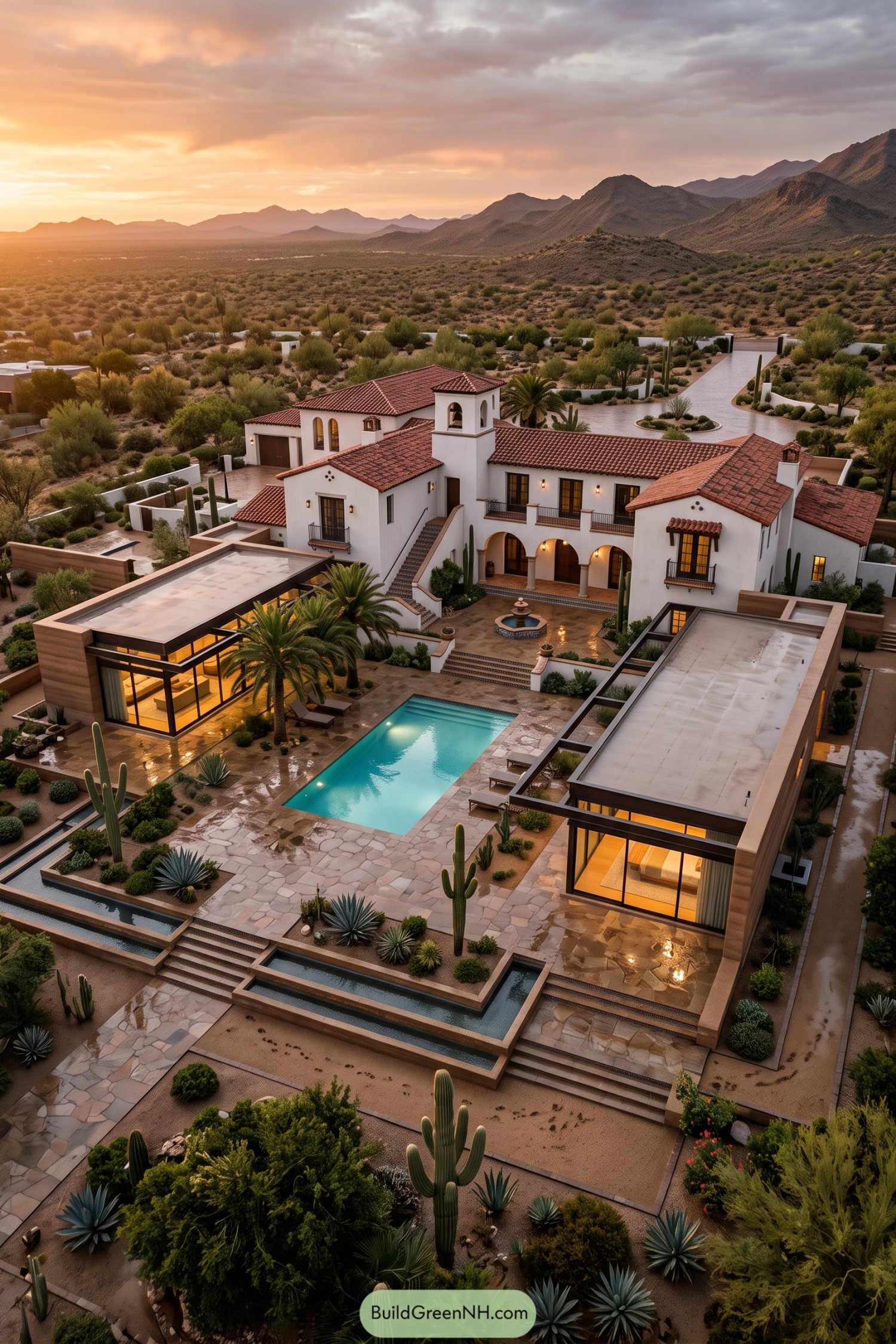 Spanish Revival villa with glass wings pool and desert gardens