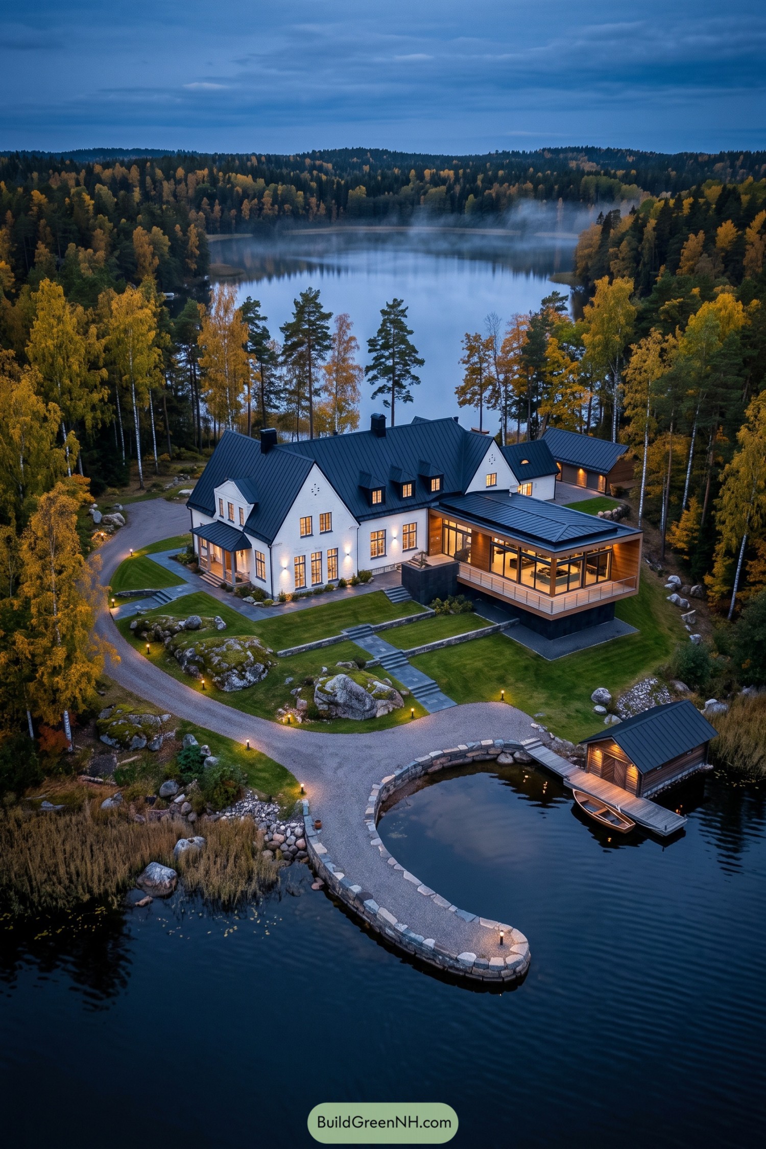 White gabled lakeside home with a modern glass extension and private boathouse