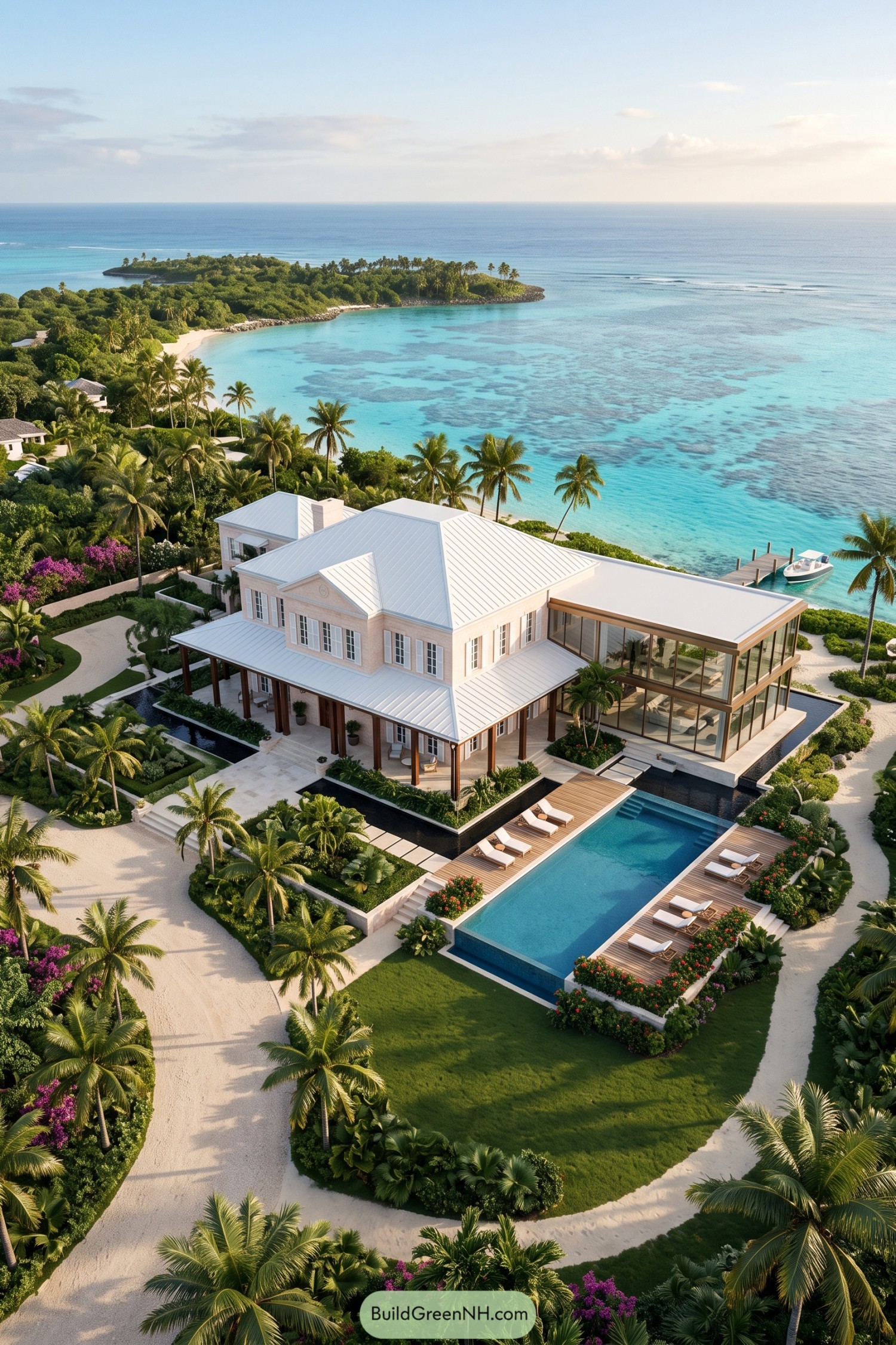 Tropical coastal manor with glass wing and pool