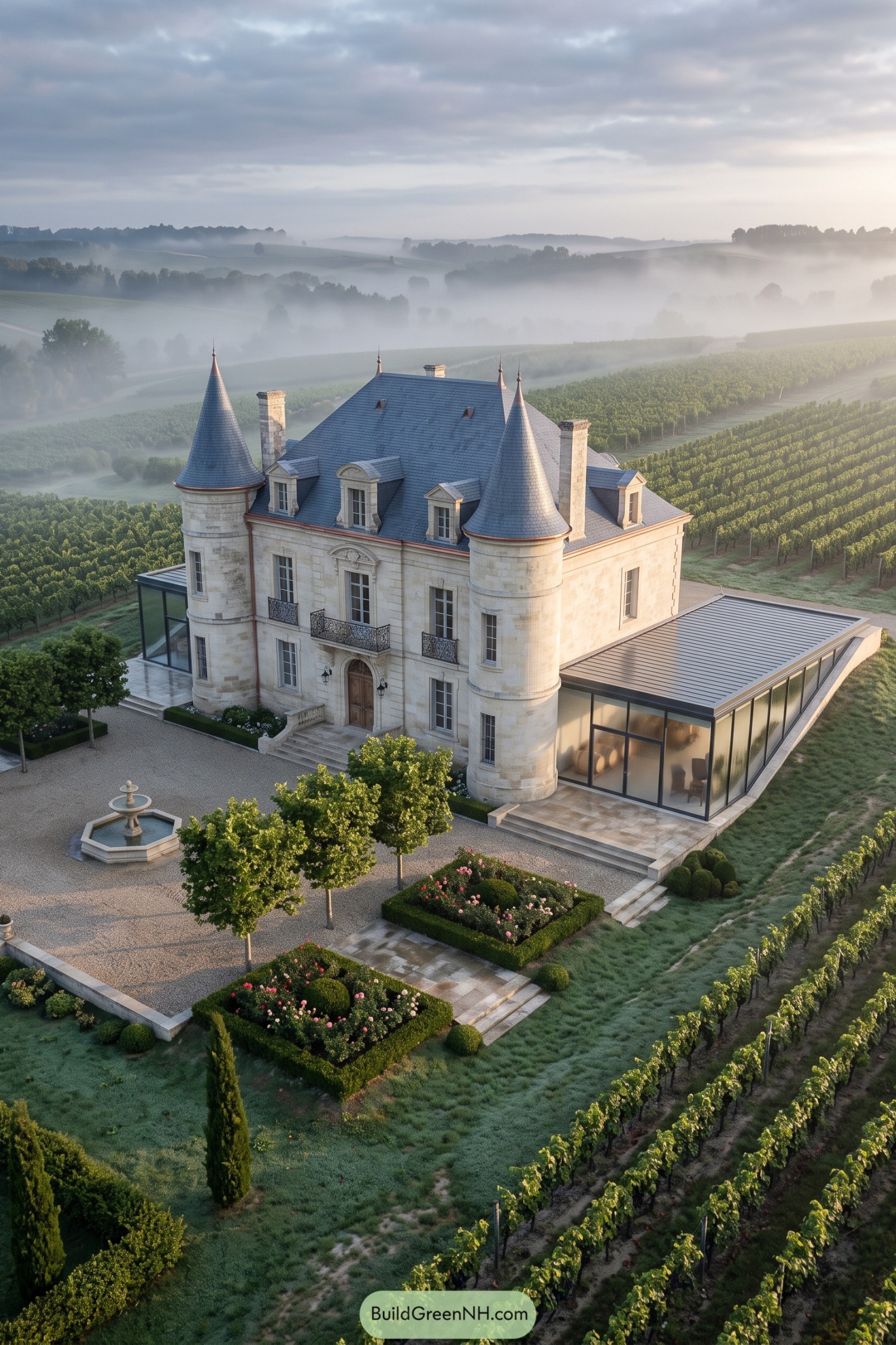 Stone château with turrets and a modern glass extension amid vineyards