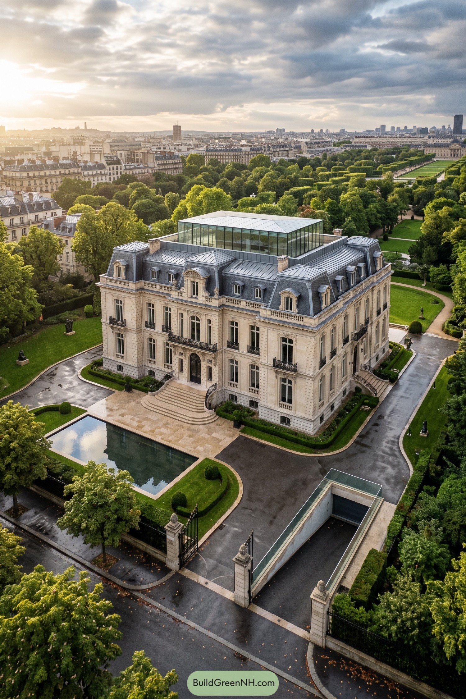 Cream stone mansion with a glass rooftop pavilion beside formal gardens