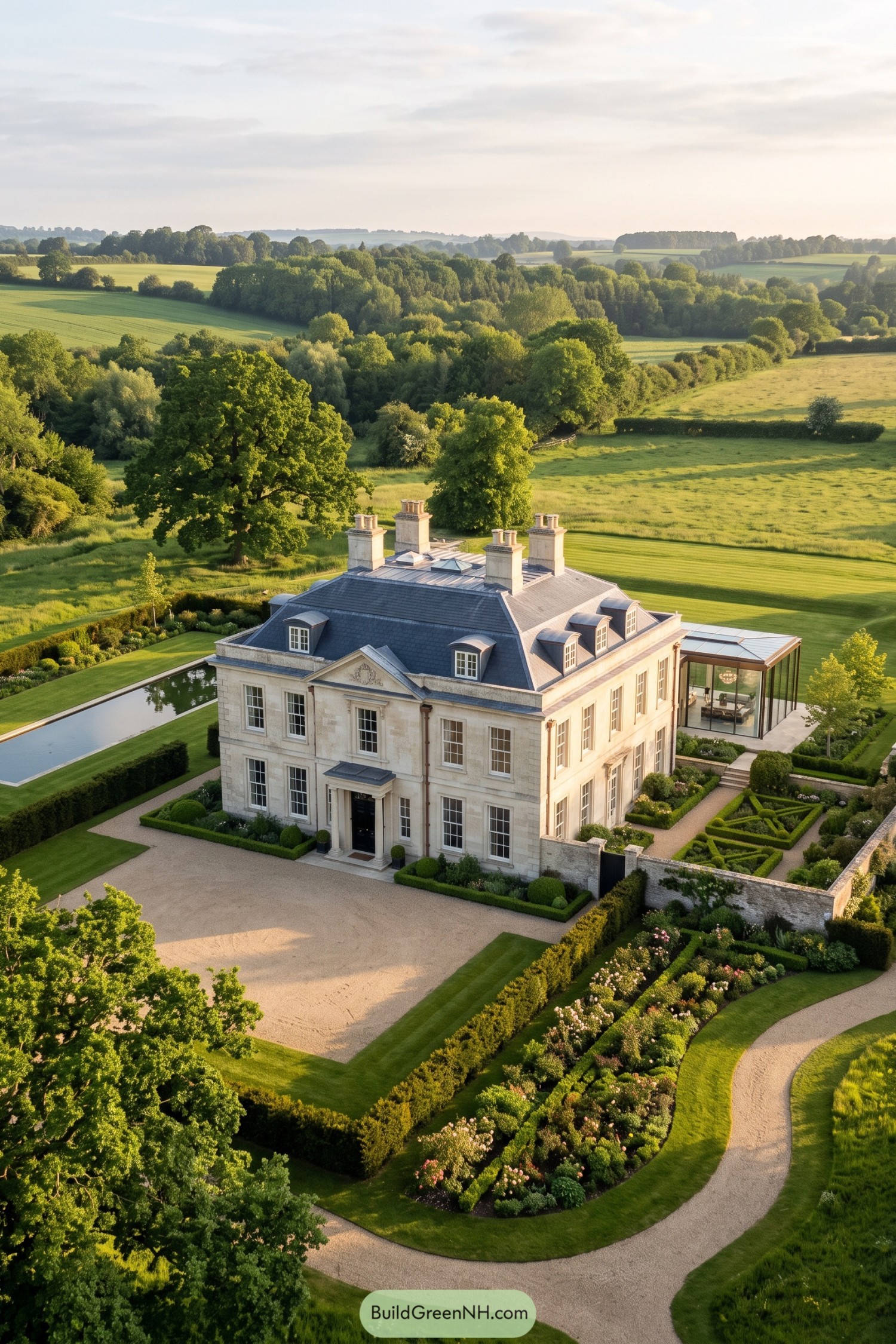 Stone country estate with formal gardens pool and glass pavilion