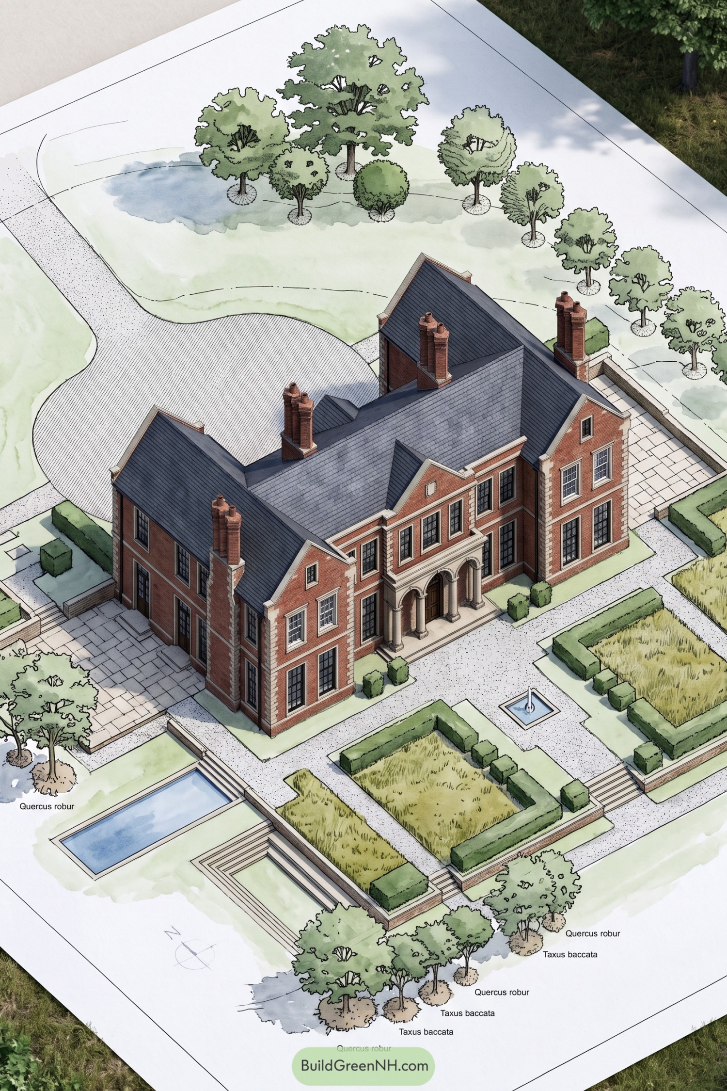 Illustrated brick estate with clipped gardens pool and fountain