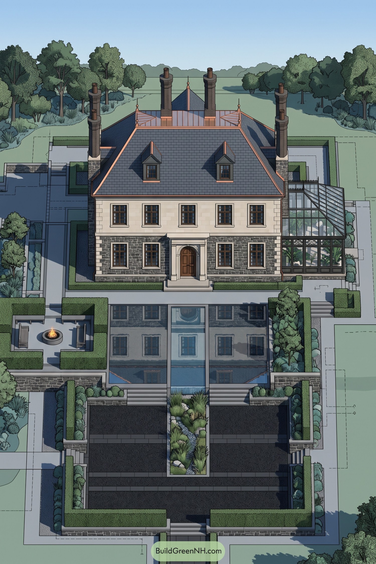 Stone Edwardian house with reflecting pool and conservatory