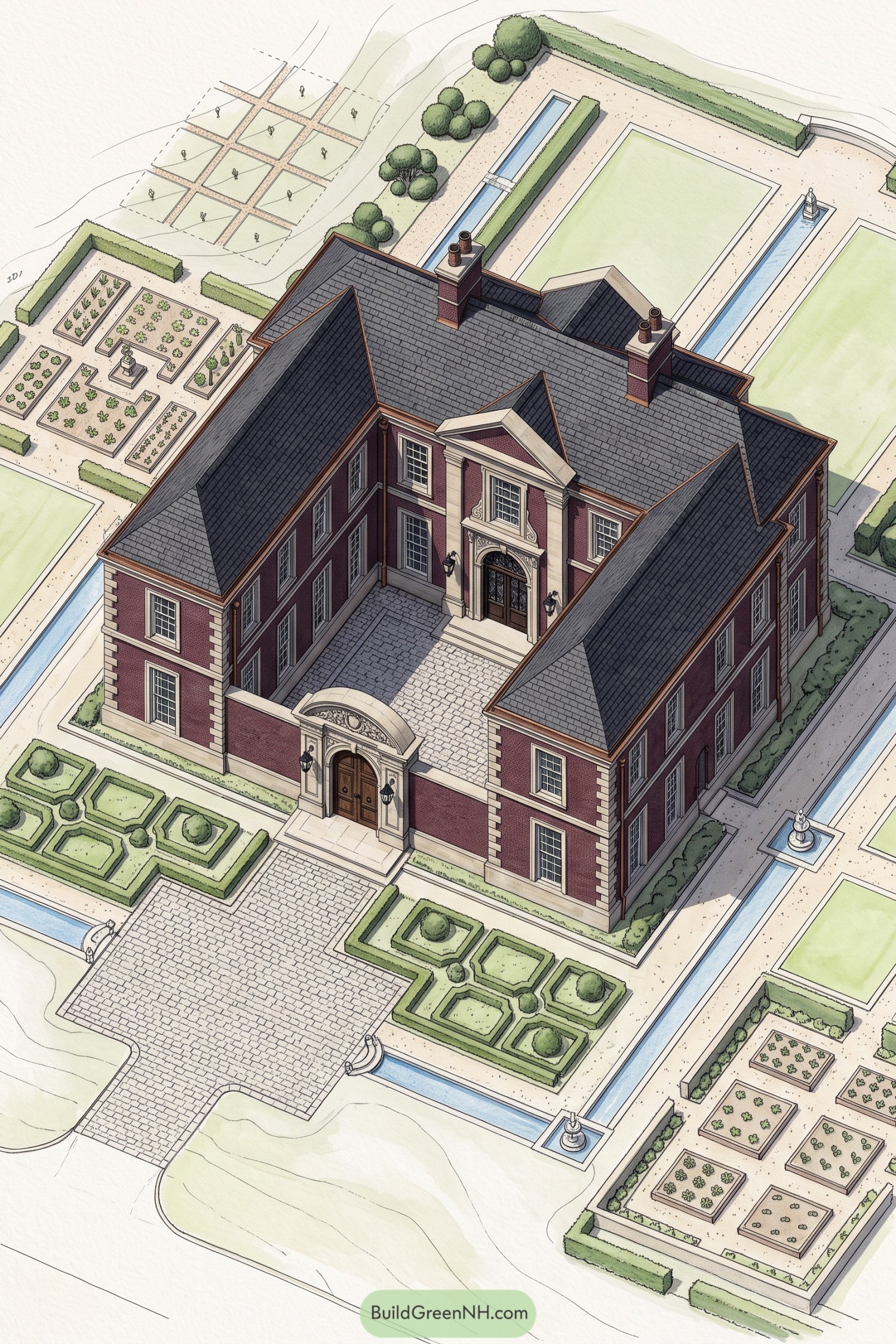 Red brick manor with formal hedges fountains and water channels