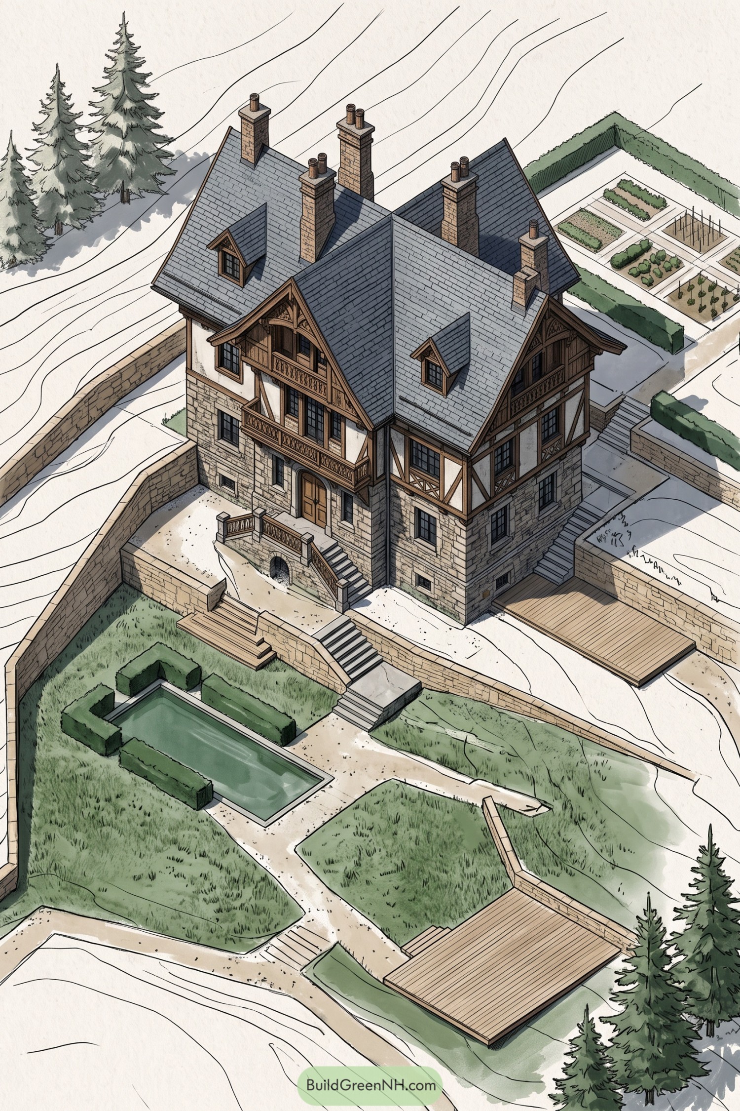 Timber framed hillside house with stone terraces and pool