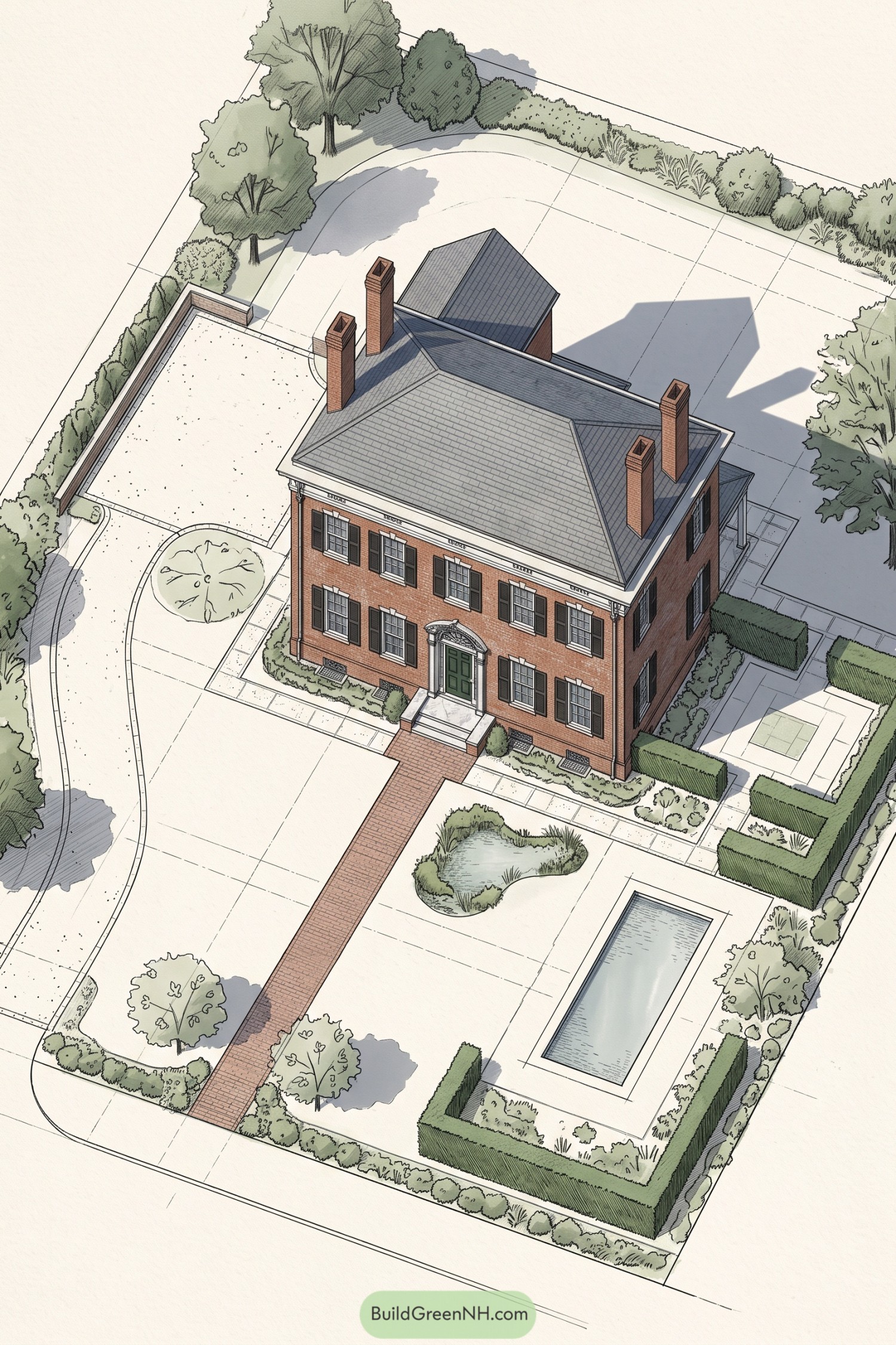 Brick colonial residence with hedged lap pool and formal grounds