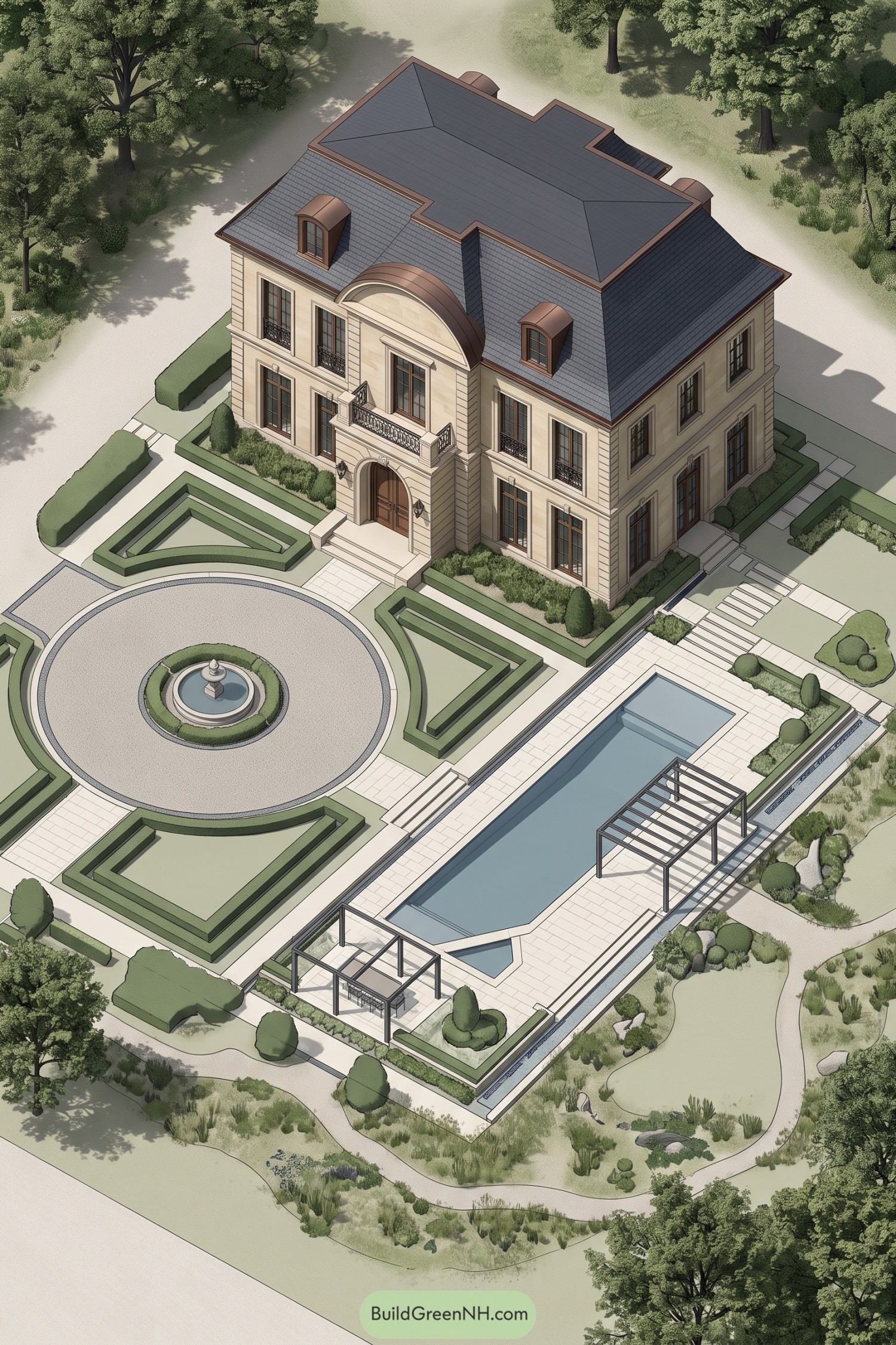 Stone villa with a circular fountain court and geometric pool terrace