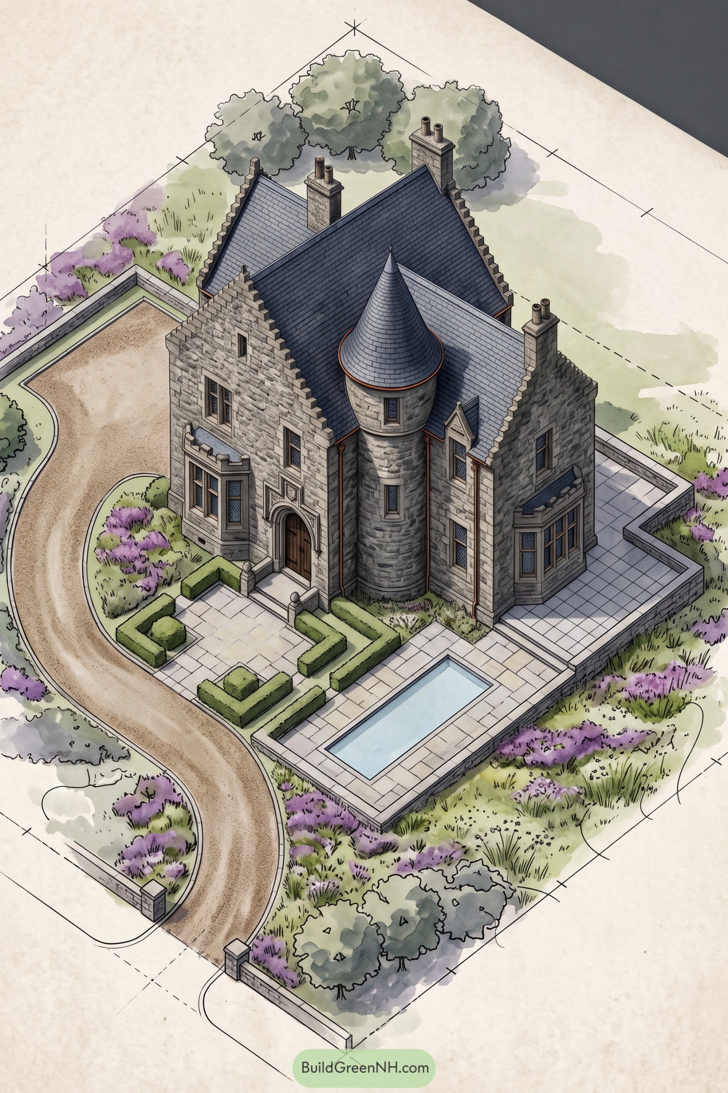 Stone baronial home with a turret pool terrace and heather planting