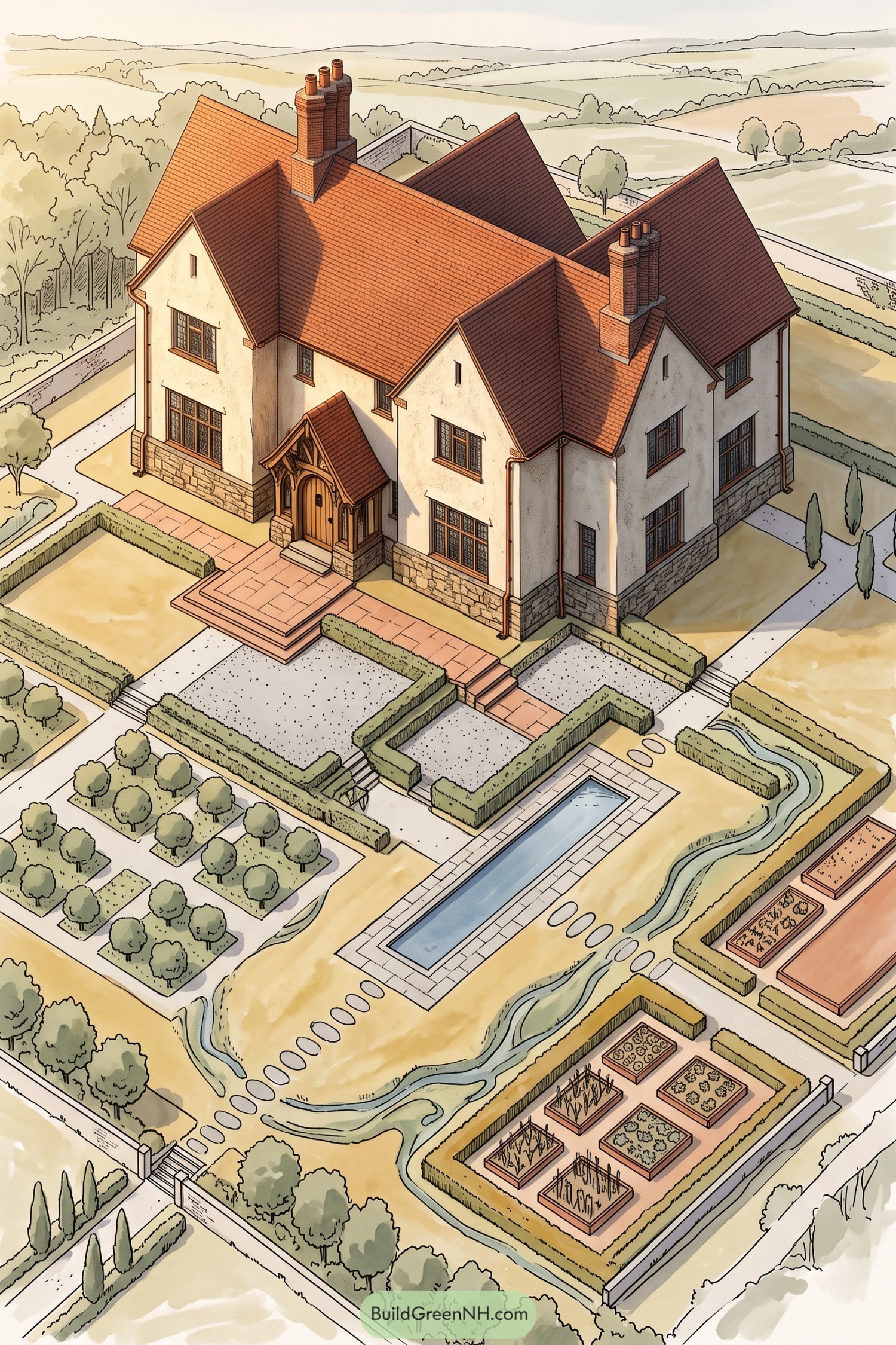 Gabled country house with pool orchard and vegetable gardens
