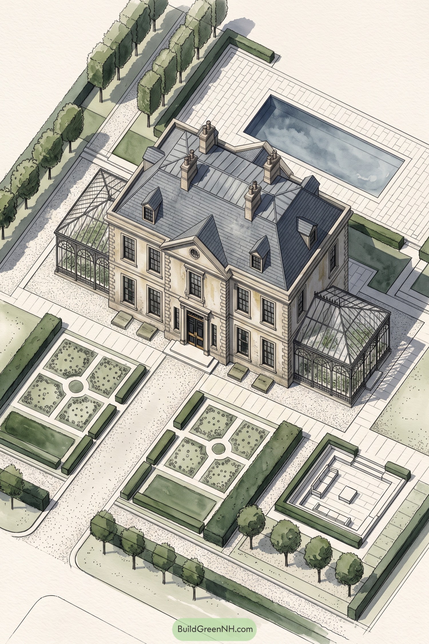 Formal Regency villa with conservatories pool and parterre gardens