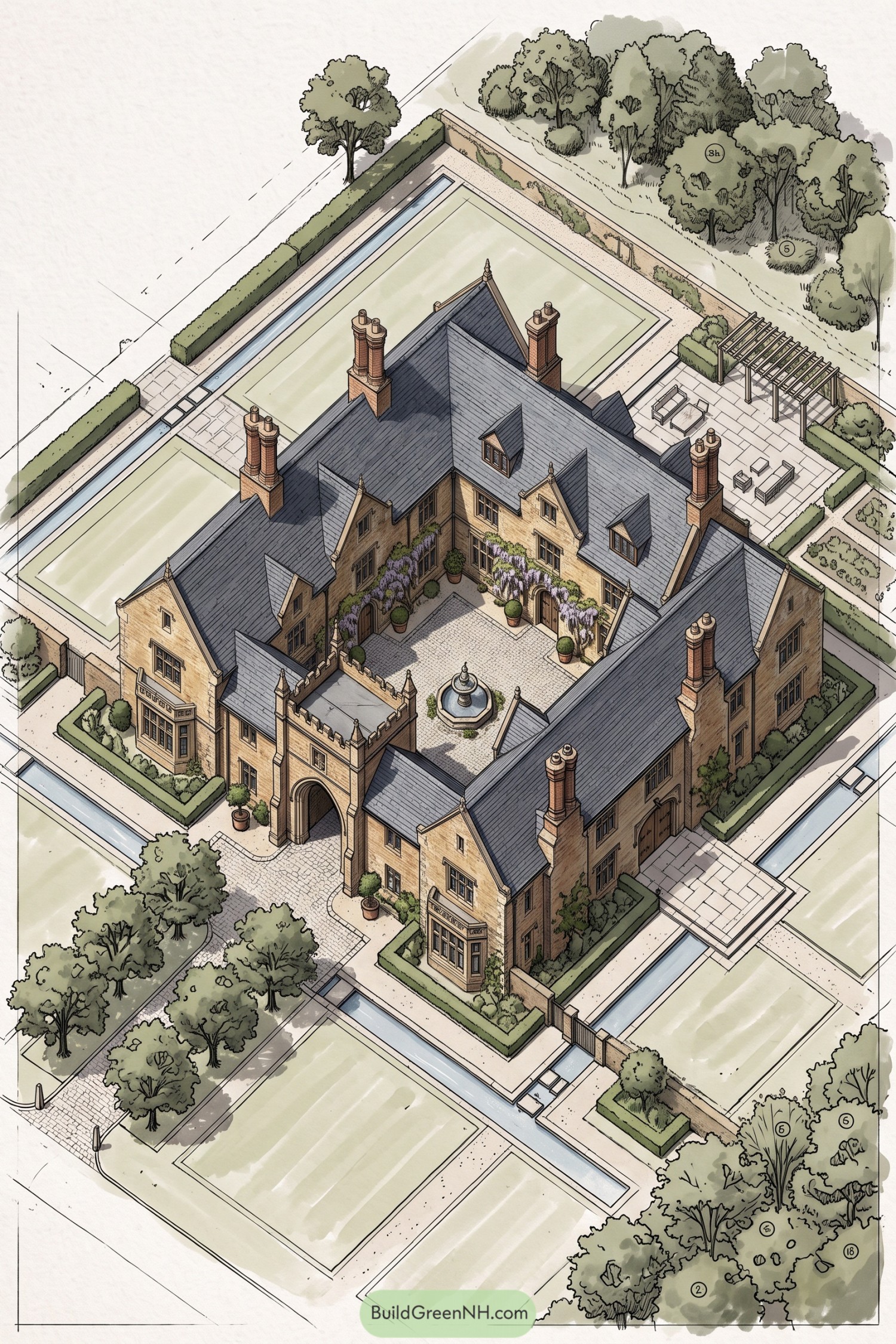 Jacobean brick manor enclosing a fountain courtyard and formal water channels
