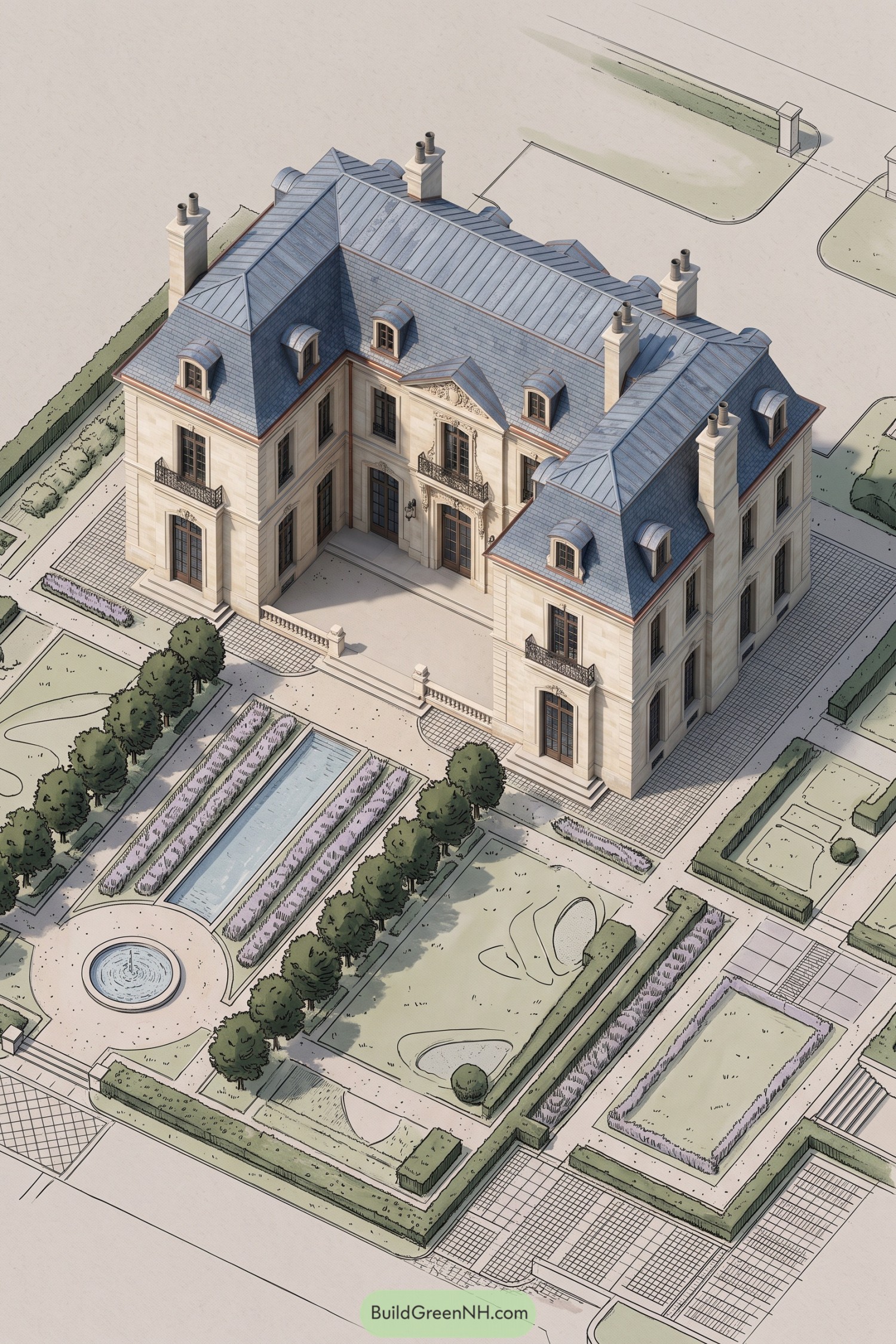 Stone château with slate roof and formal pool garden