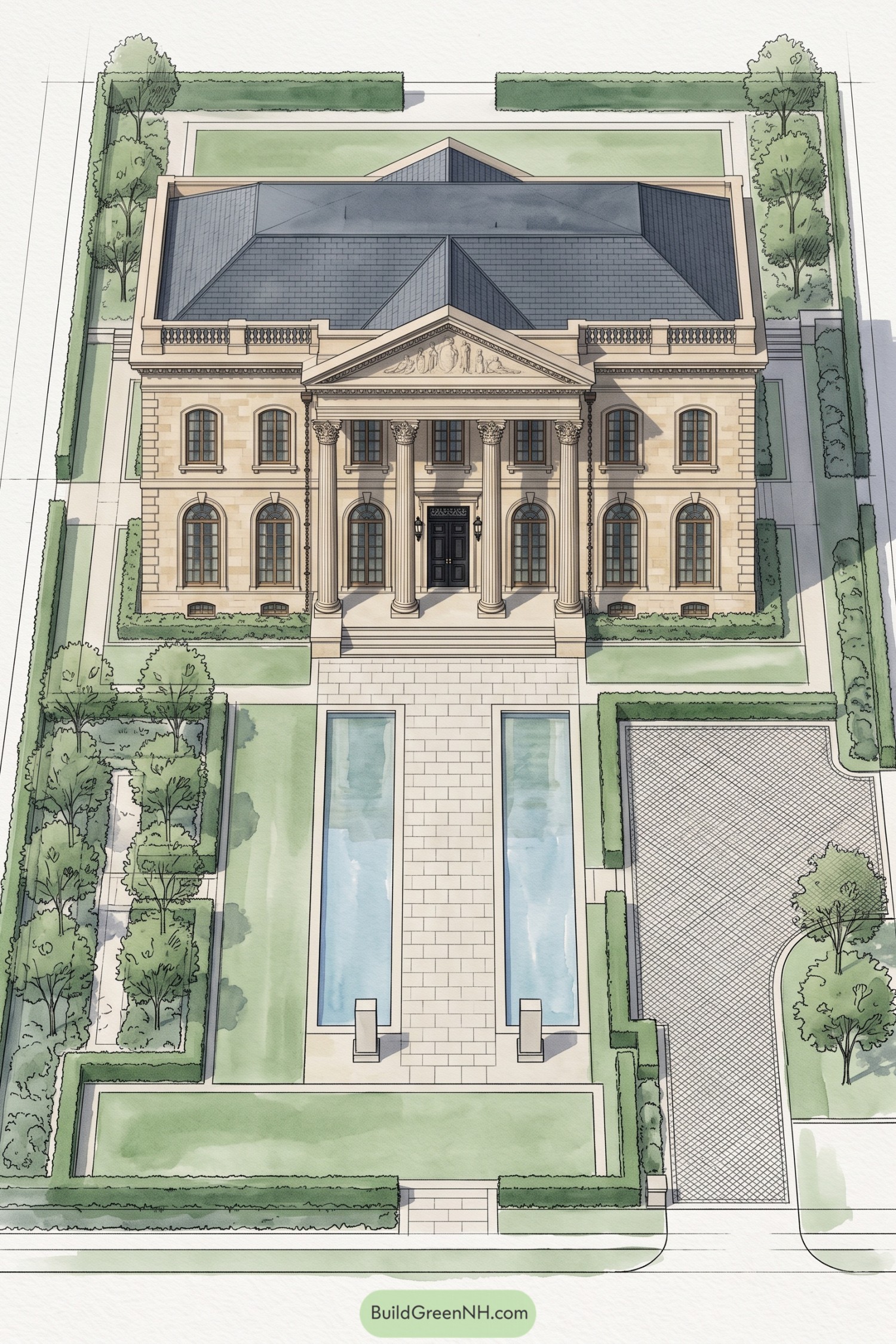 Classical stone villa with twin reflecting pools and formal hedges