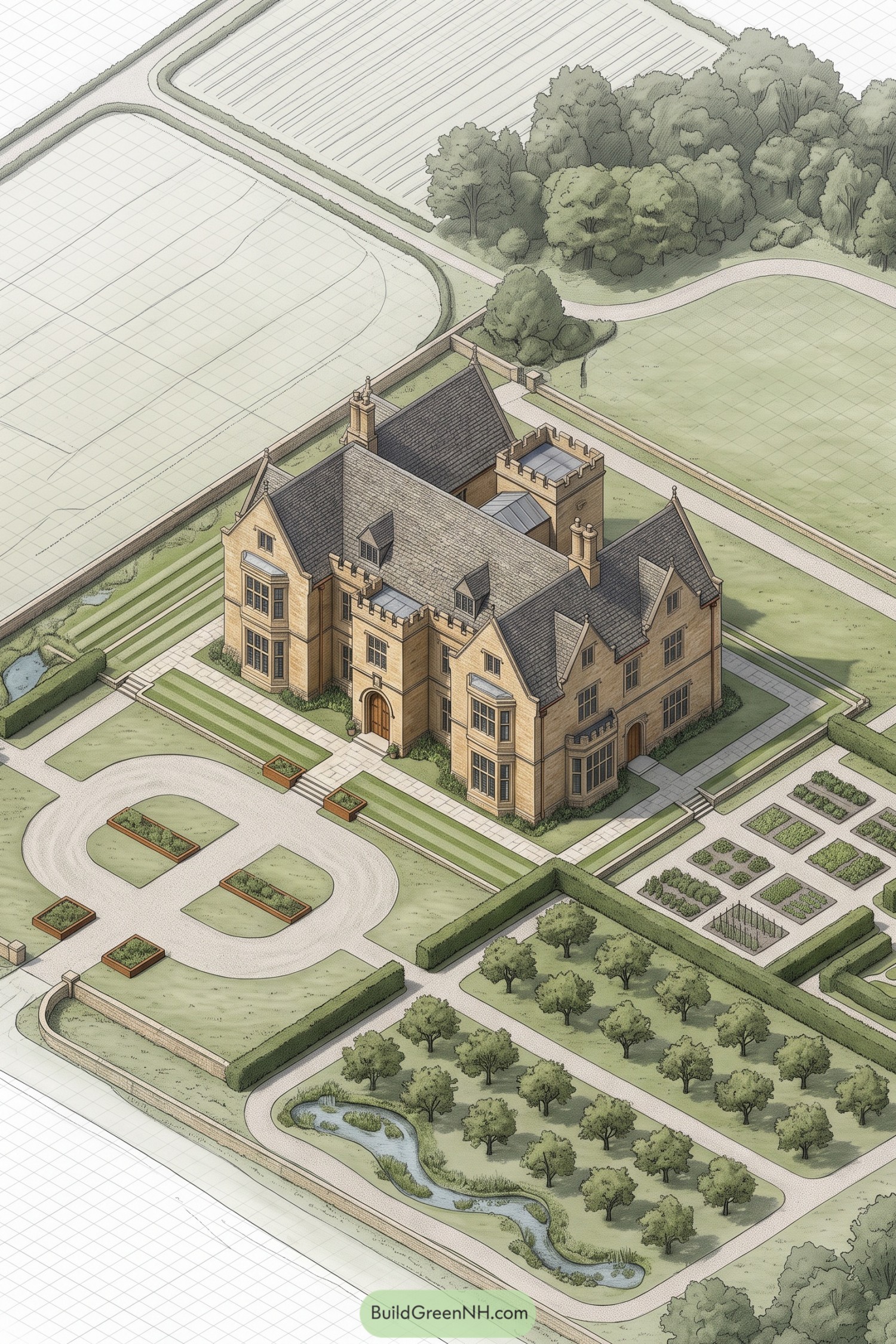 Brick Gothic manor with orchards and kitchen gardens
