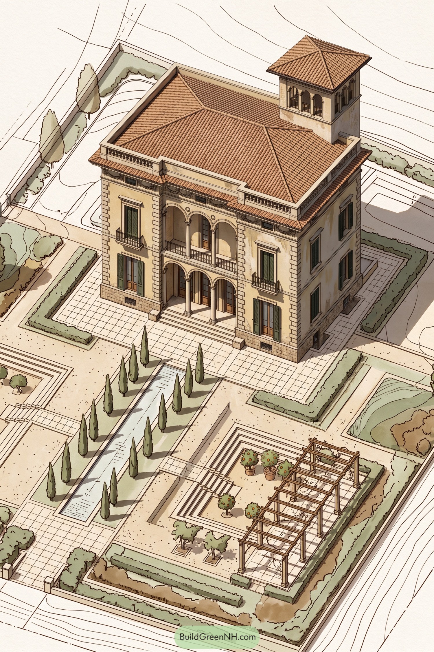 Italianate villa with terraced courtyard water channel and pergola