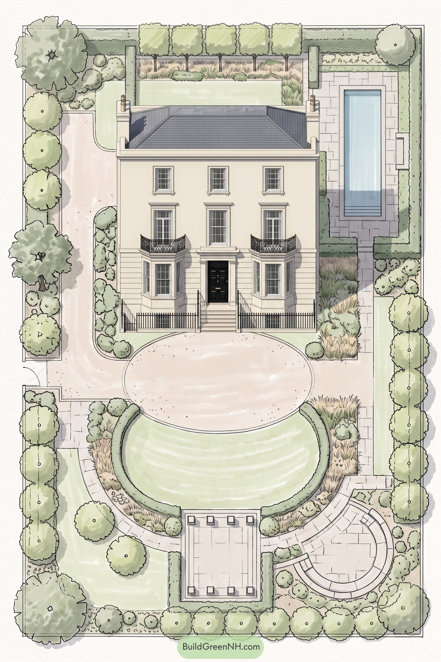 Formal Federal townhouse landscape plan with pool and circular lawn