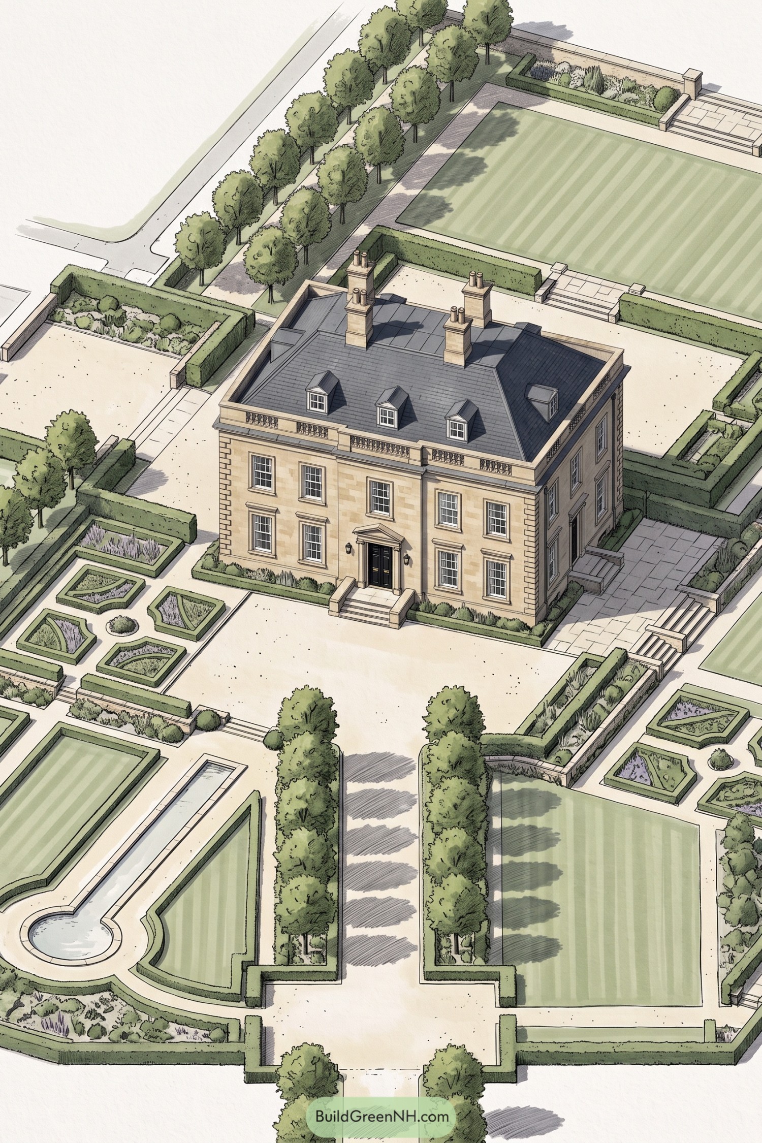Aerial view of Georgian manor and formal estate gardens