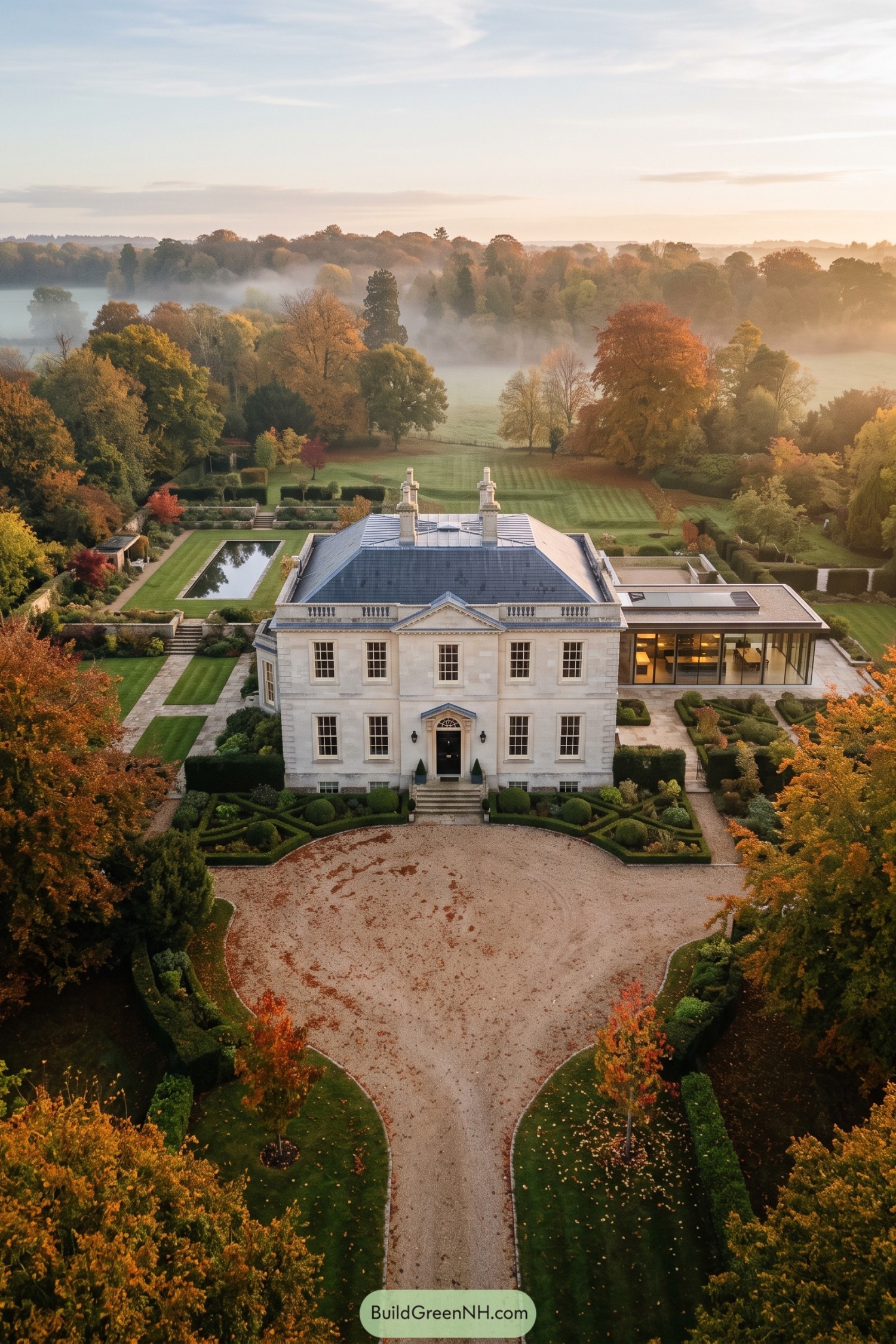 Pale stone Georgian manor with a modern glass wing