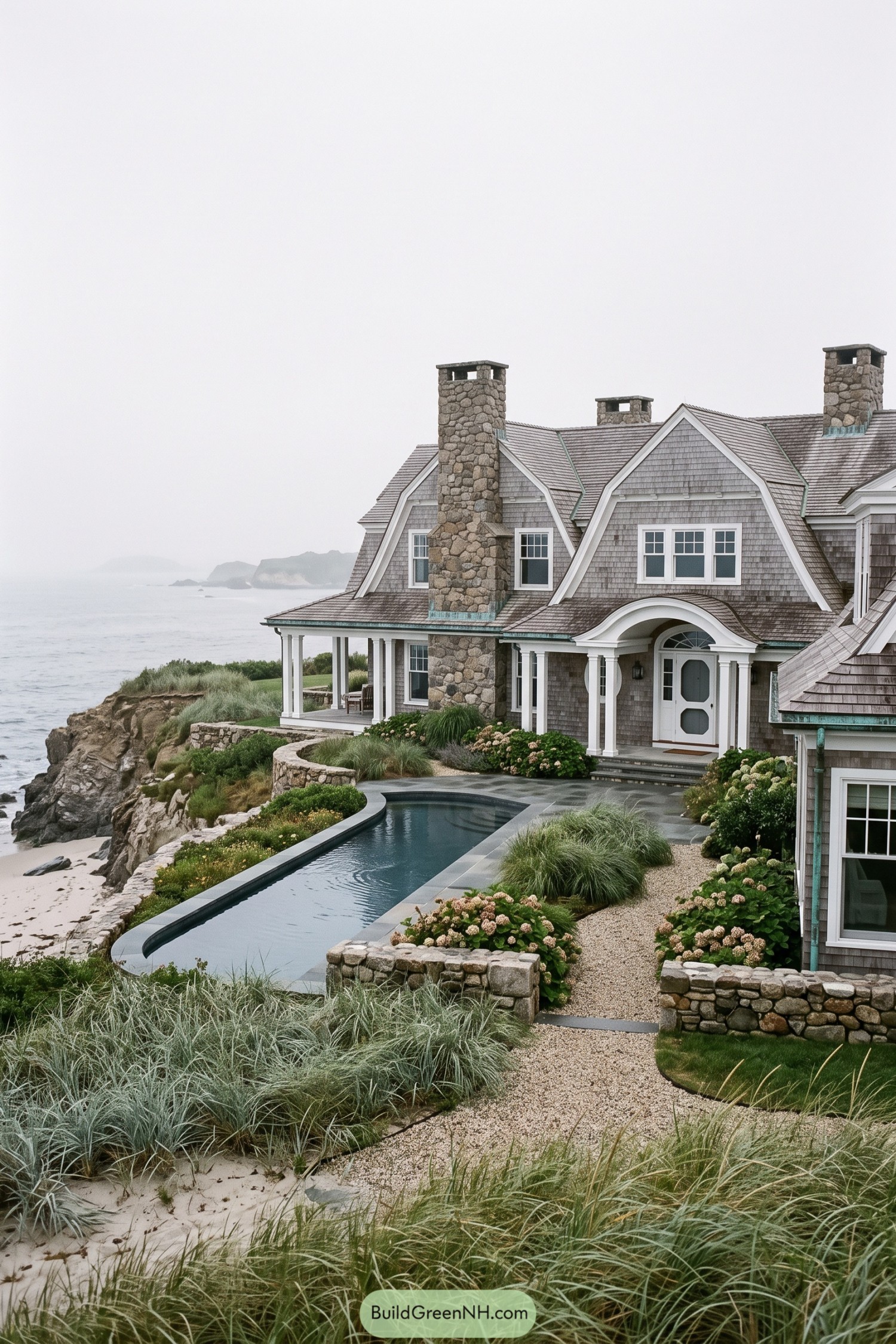 Weathered shingle cottage with stone chimneys and cliffside pool overlooking the sea