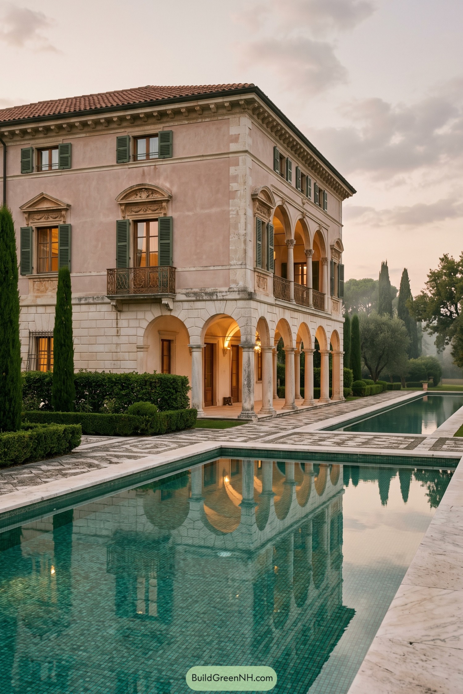 Italianate villa with arched loggia beside a tiled pool
