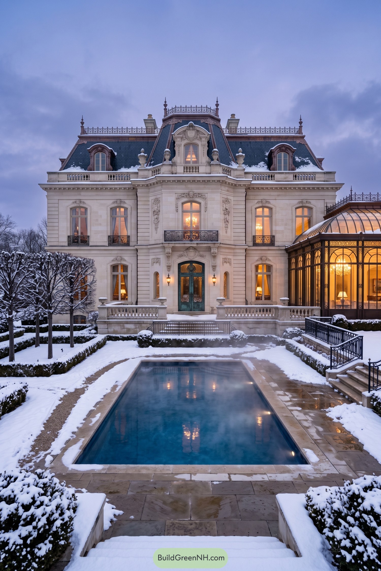 Snowy Belle Époque mansion with a pool and glass conservatory