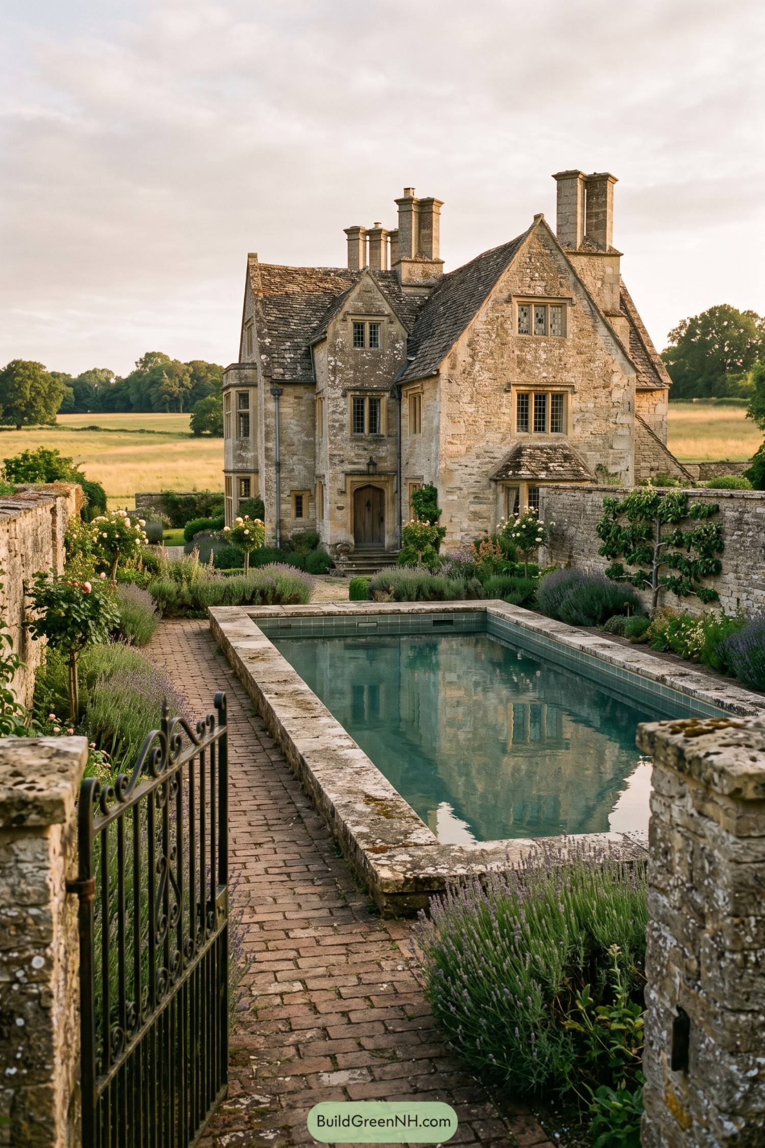 Stone manor with a walled rectangular pool and lavender garden