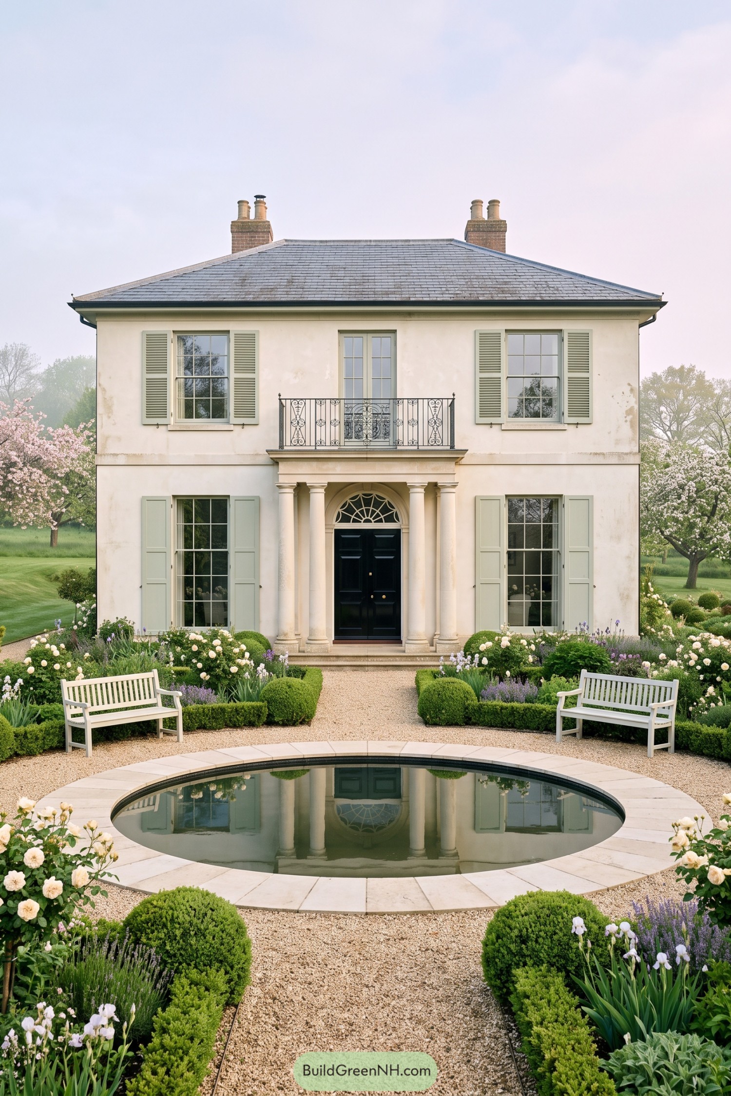 Cream Regency villa with shutters overlooking an oval pool and formal garden