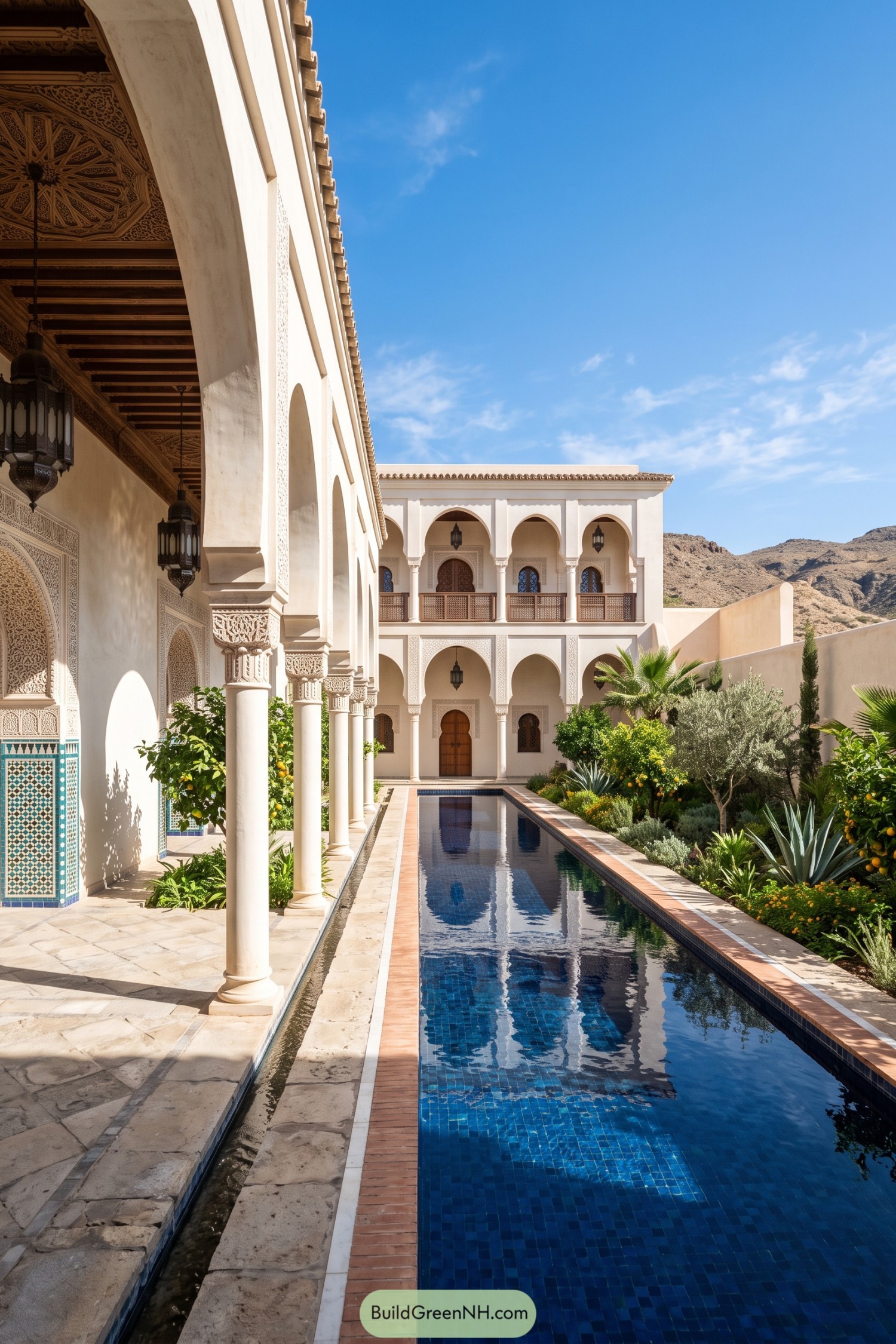 Moorish riad with arched colonnades and blue tiled pool