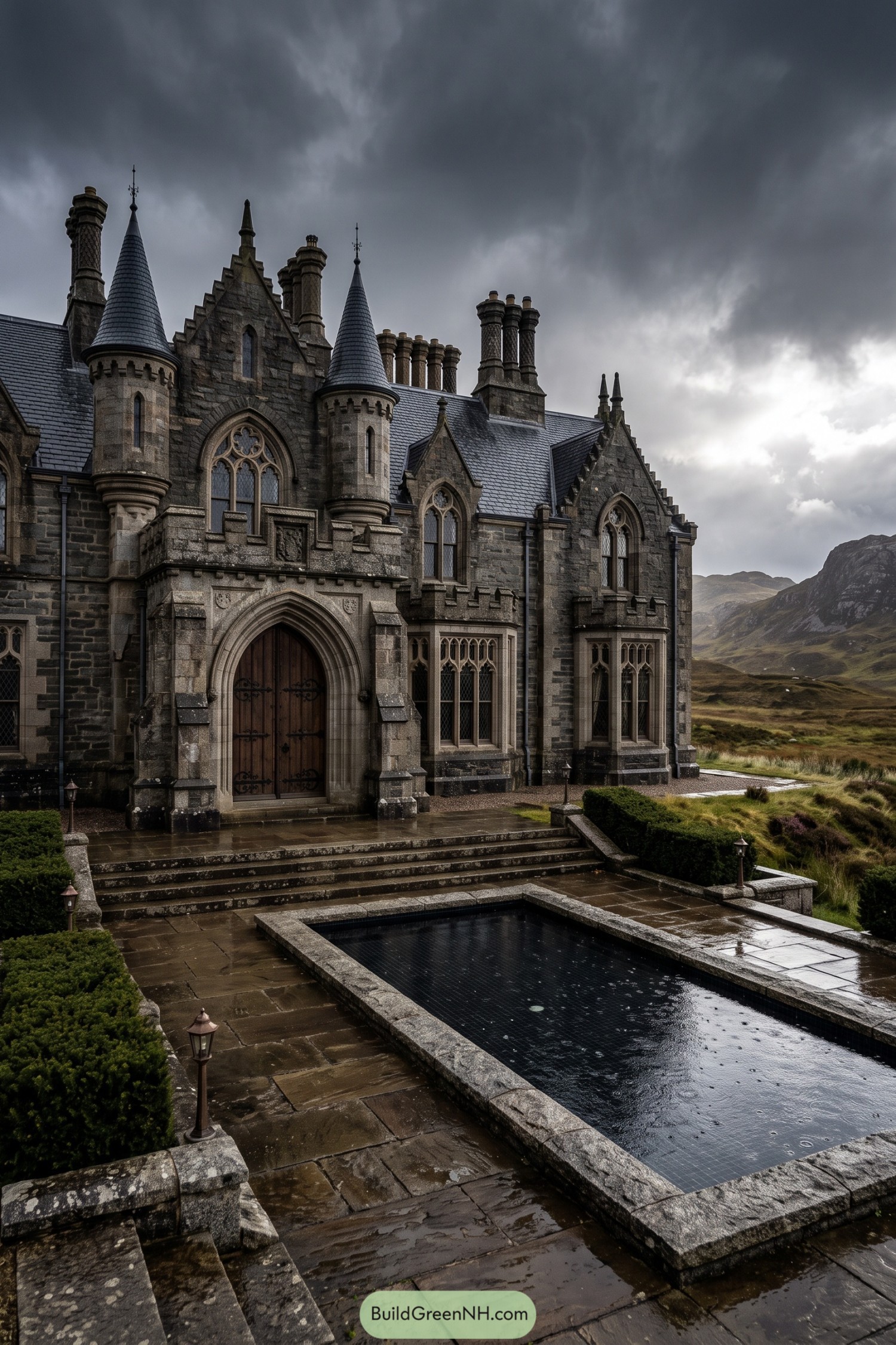 Stone castle with turrets beside a dark rectangular pool