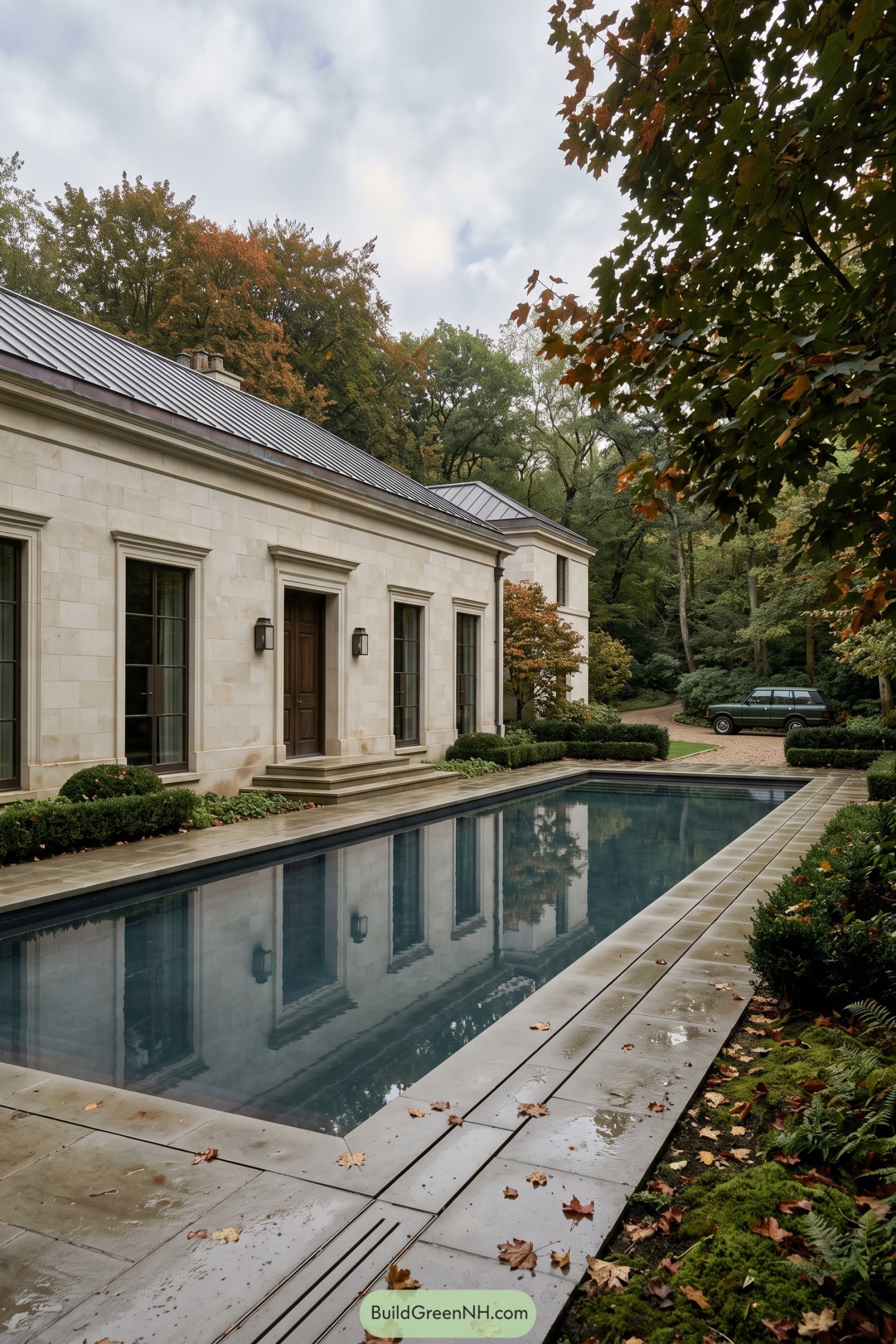 Limestone estate beside a long rectangular pool in autumn woods
