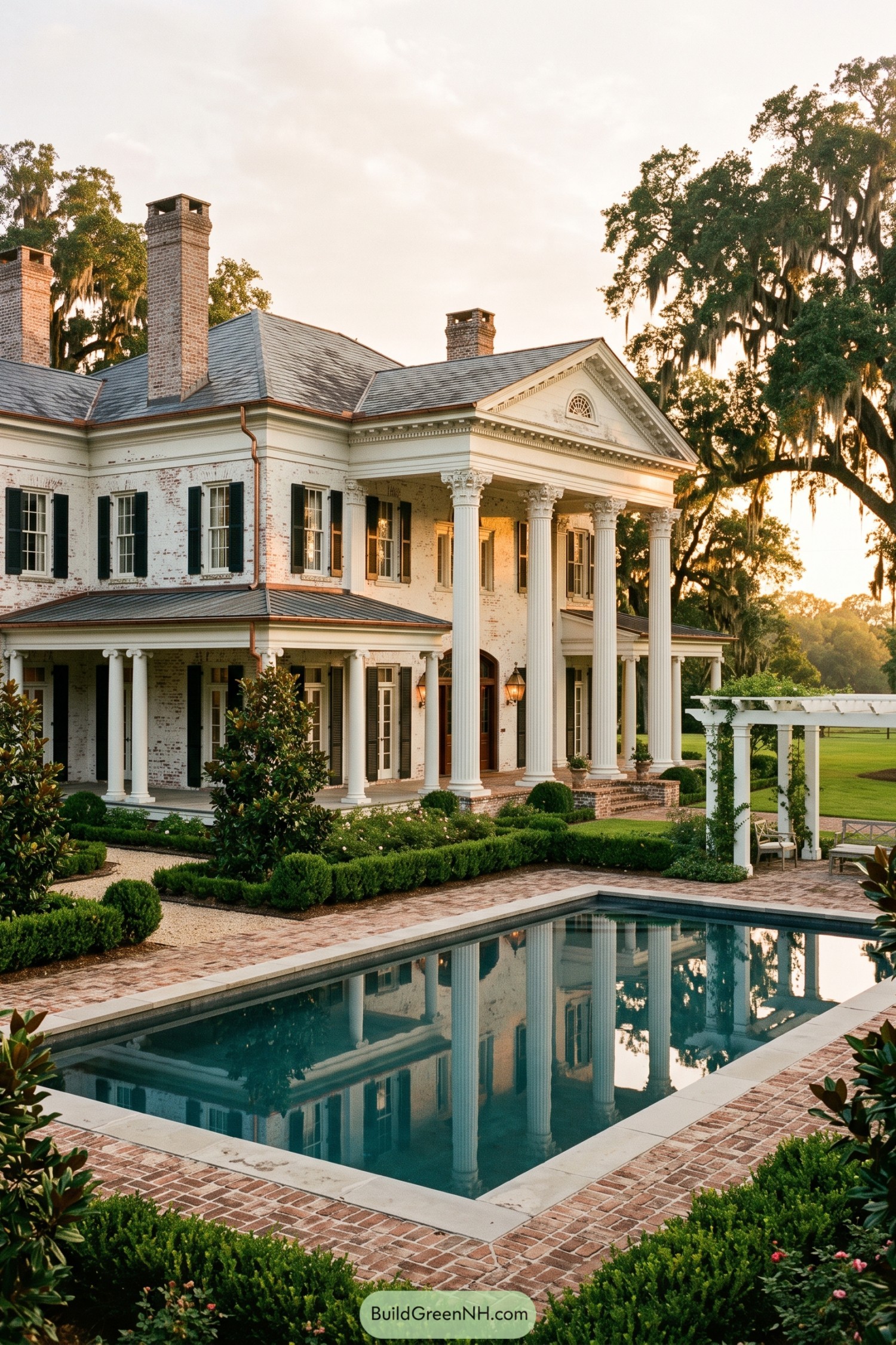 White-columned brick estate beside a rectangular pool