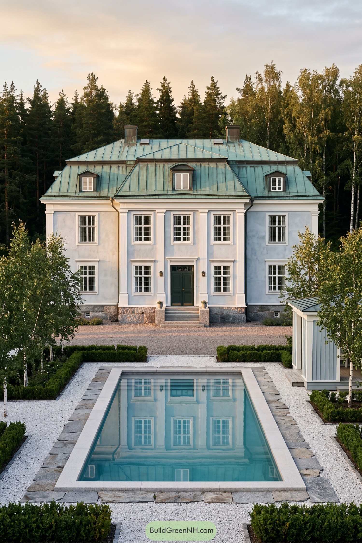 Swedish Empire villa with a rectangular pool and copper roof