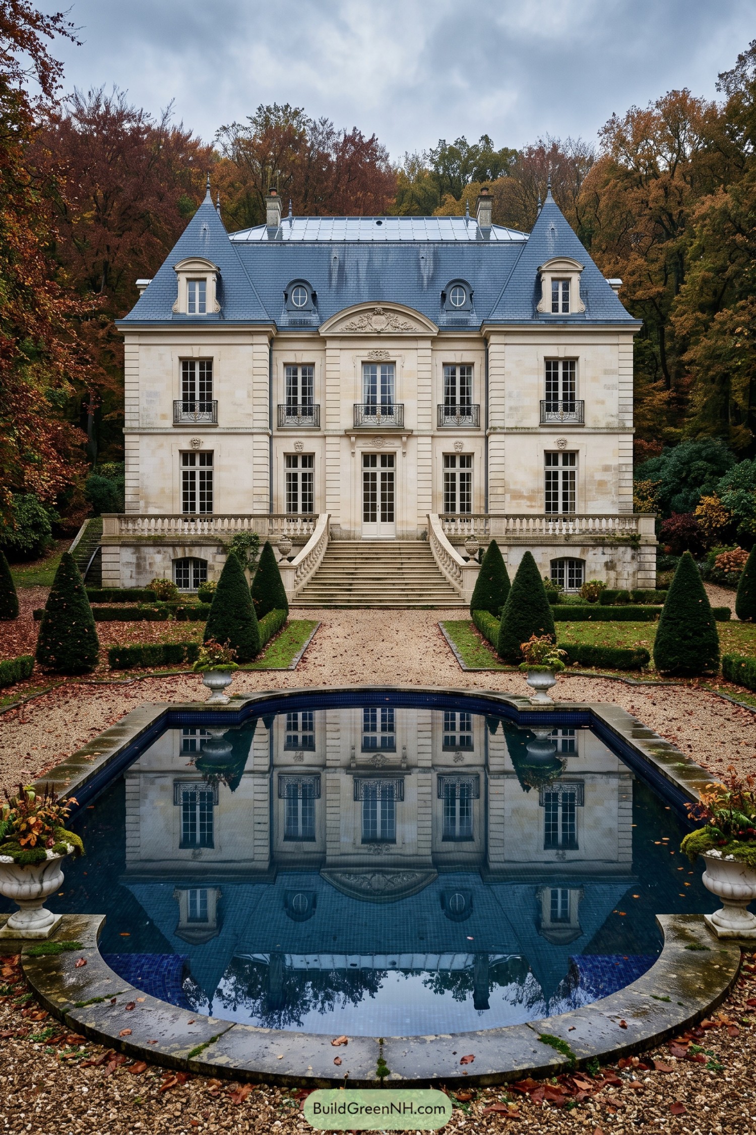 Limestone chateau reflected in a dark blue formal pool