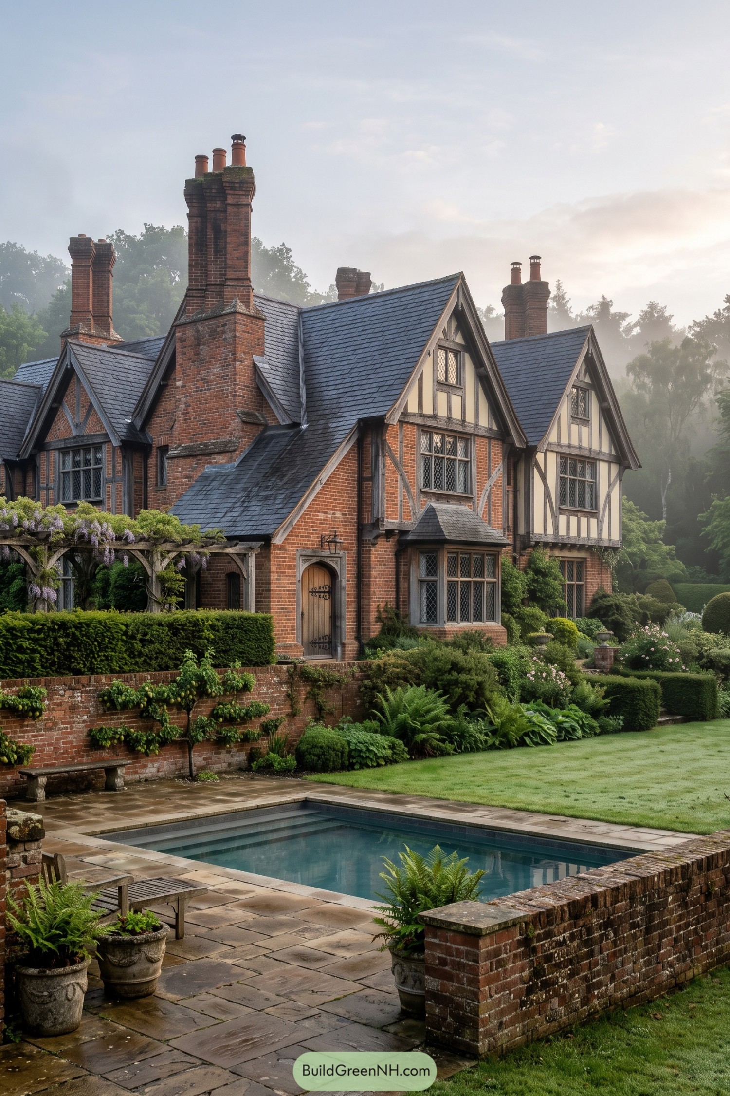 Brick Tudor home beside a formal rectangular pool